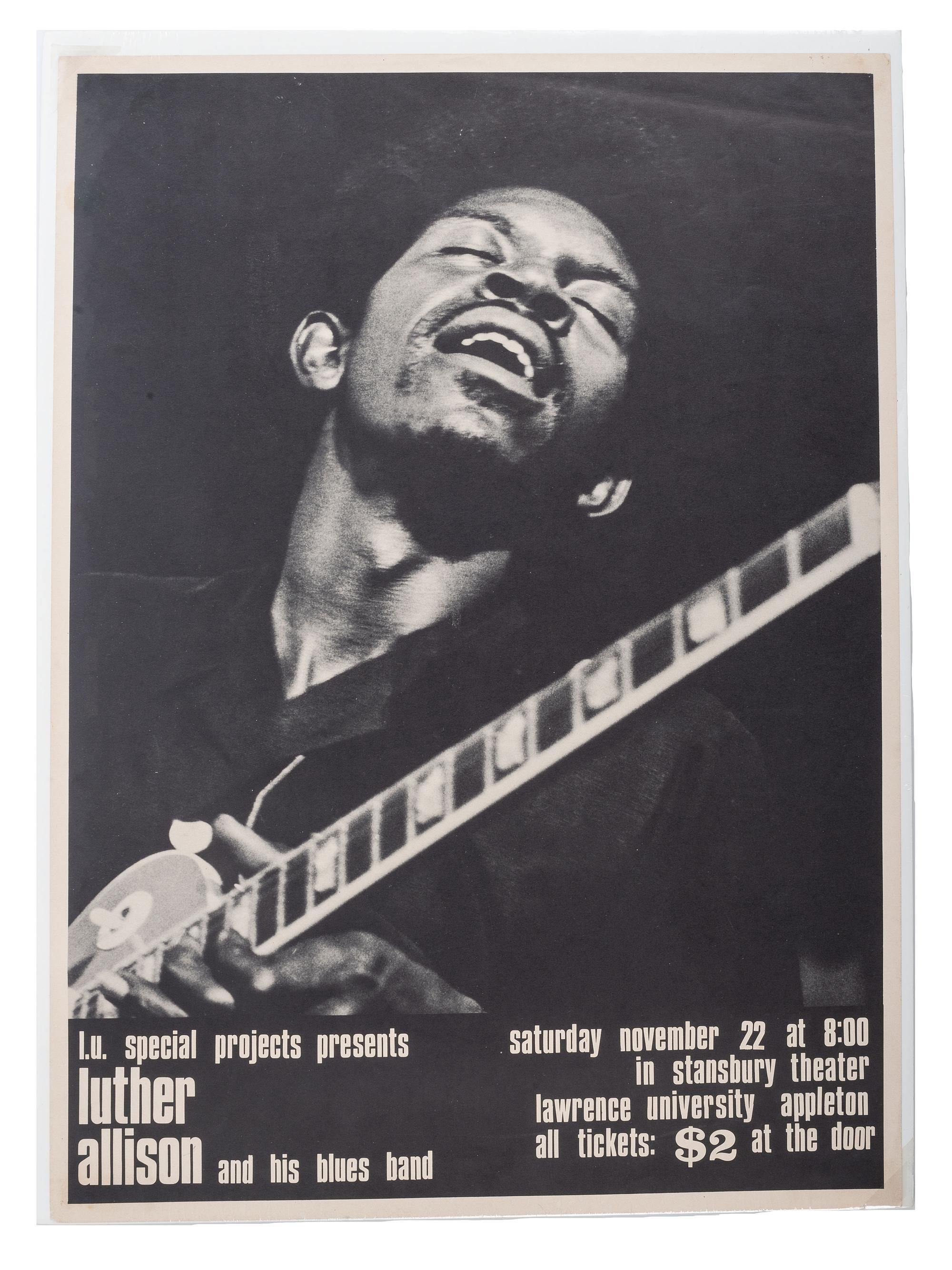 [MUSIC]. A group of 4 posters promoting blues acts and festivals, incl. Luther Allison, Dr. Ross, and various performers at the Detroit and Wisconsin Delta Blues Festivals.