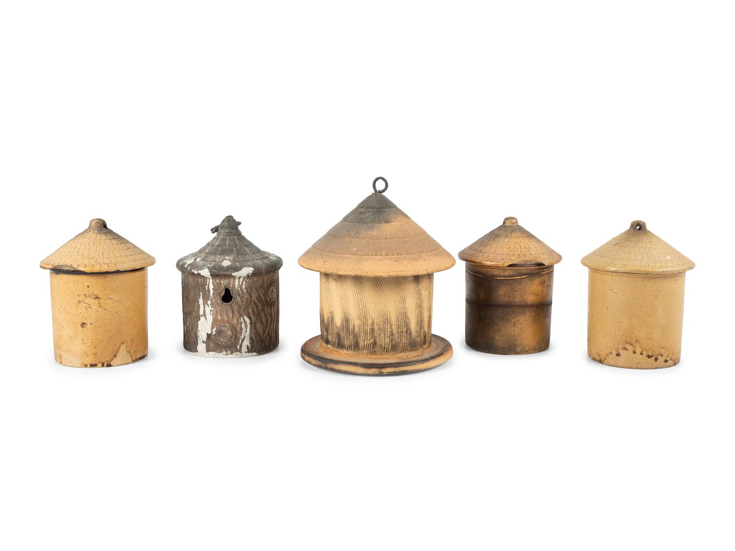 Five Stoneware Birdhouses, Including Whitehall Pottery