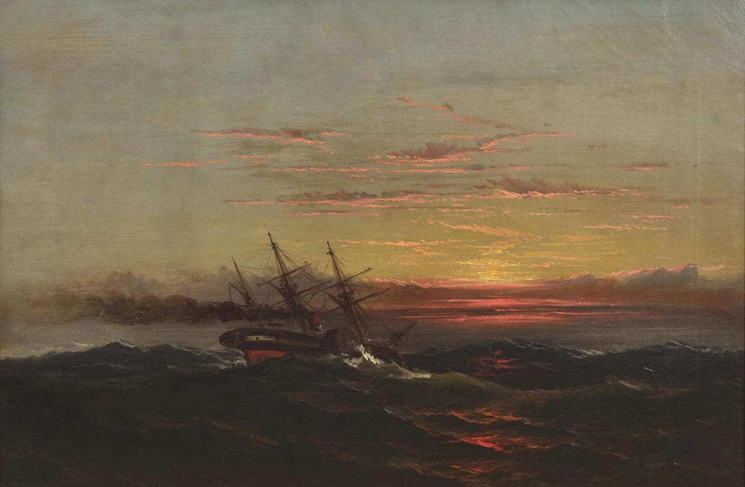 Attributed to James Hamilton (1819-1878), Sunset at Sea with Sail Steamer, circa 1877