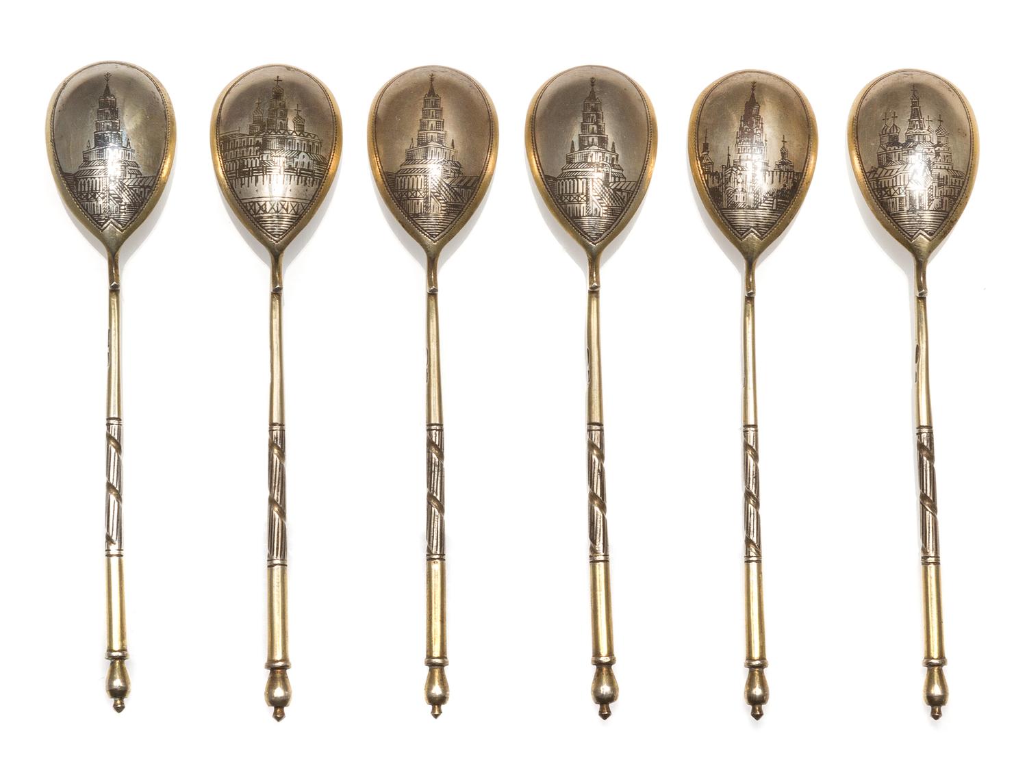 Six Russian Niello Silver Spoons, Various makers, kokoshnik mark of Ivan Lebedkin, Moscow, late 19th/early 20th century, each bowl deco