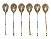 Six Russian Niello Silver Spoons, Various makers, kokoshnik mark of Ivan Lebedkin, Moscow, late 19th/early 20th century, each bowl deco