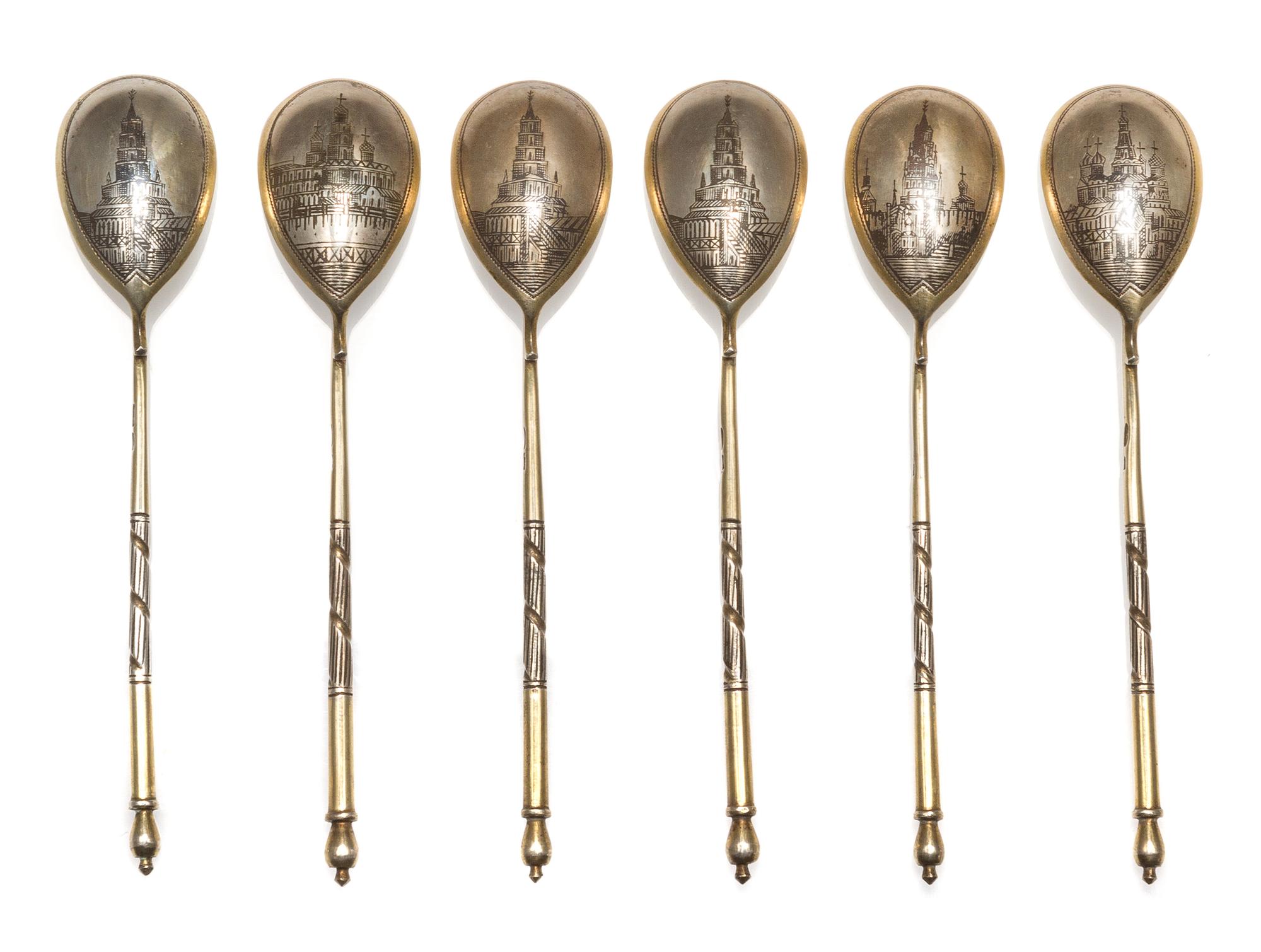 Six Russian Niello Silver Spoons, Various makers, kokoshnik mark of Ivan Lebedkin, Moscow, late 19th/early 20th century, each bowl deco