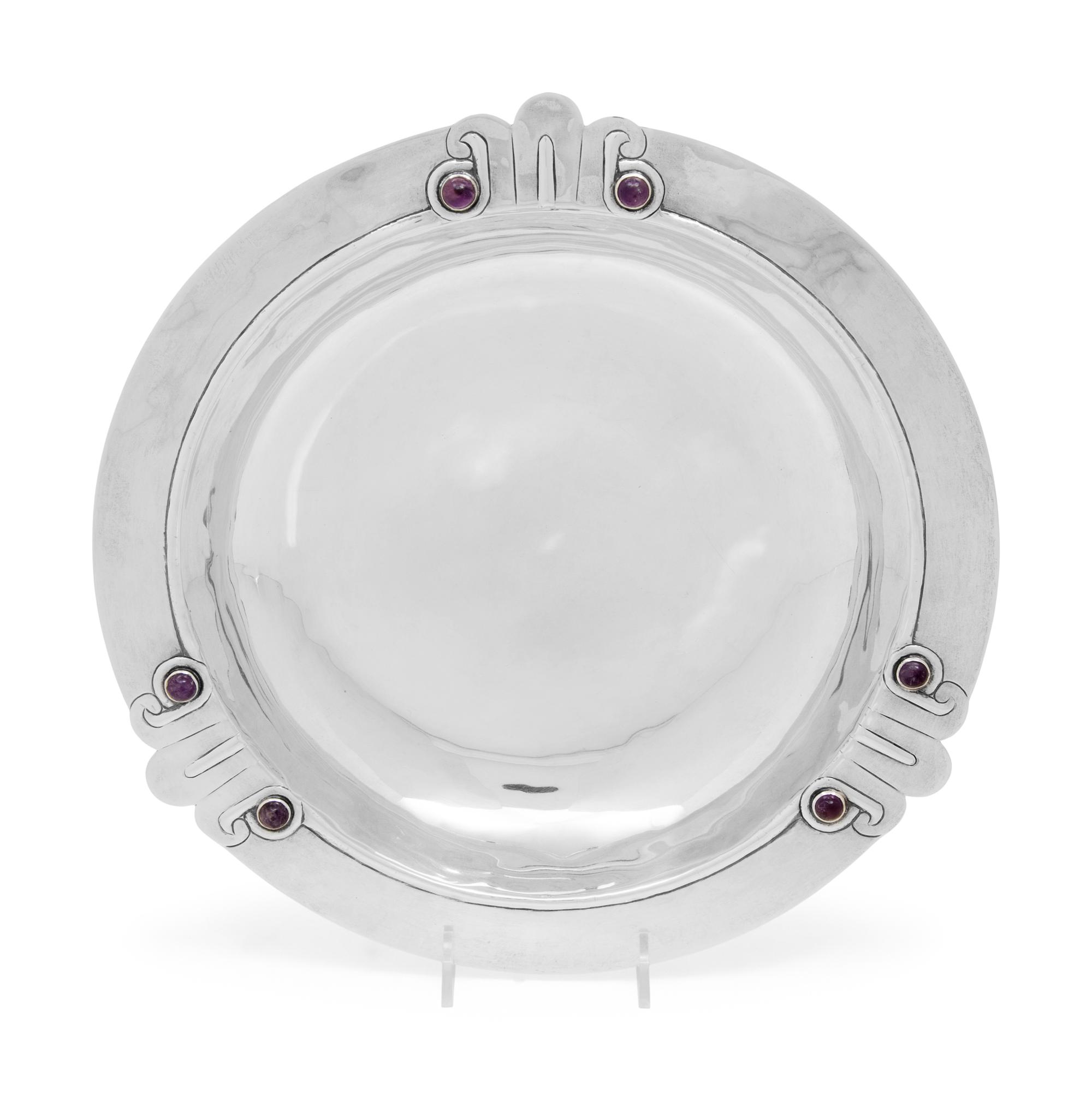 A Mexican Silver Bowl with Inset Amethyst Decoration