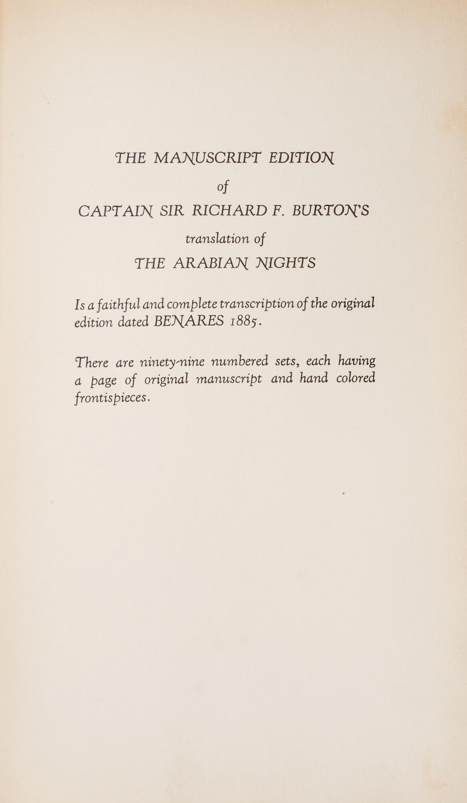 BURTON, RICHARD. The Book of the Thousand Nights and a Night. Burton Club, c. 1900. 16 vols. Manuscript edition.