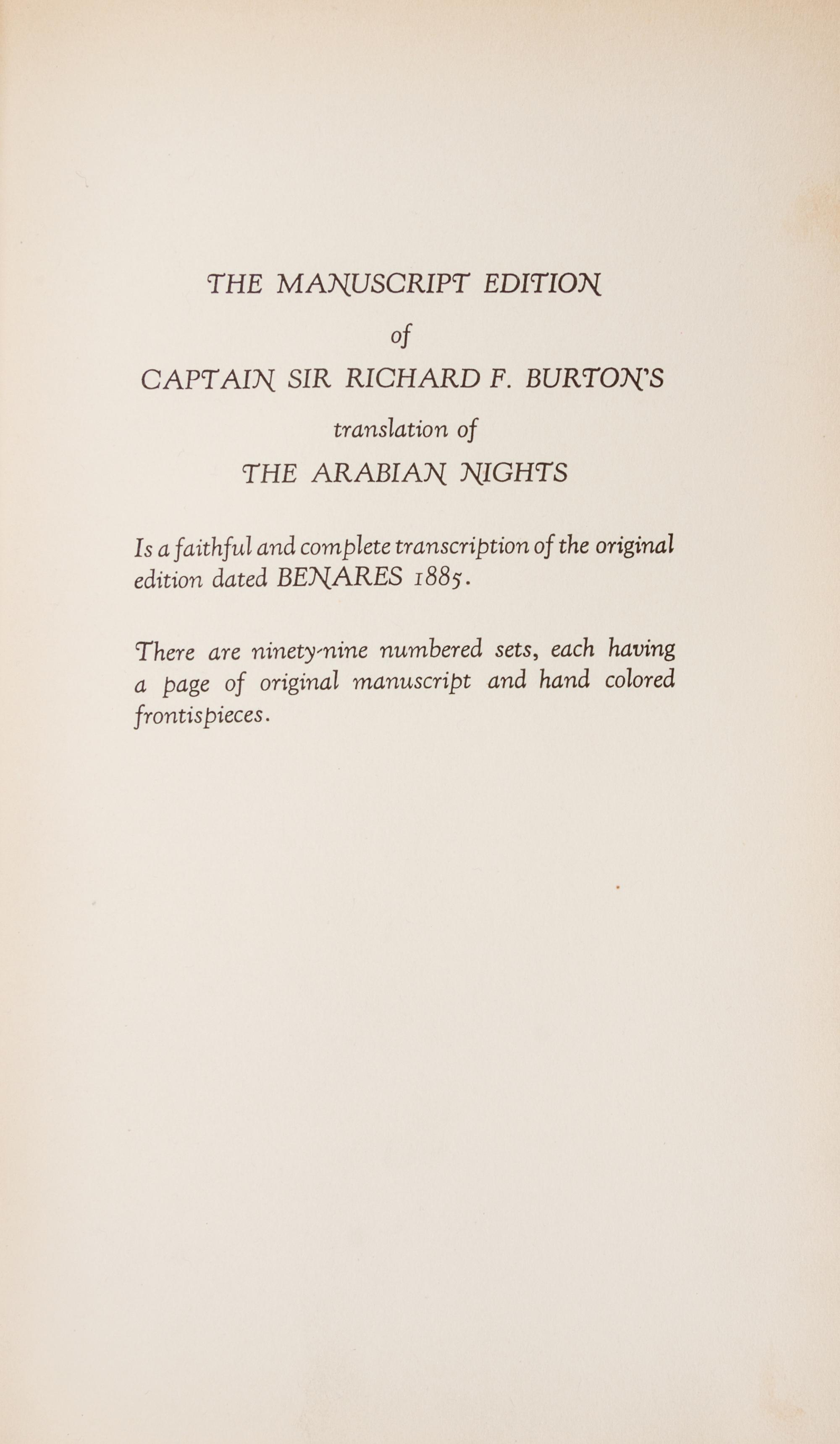 BURTON, RICHARD. The Book of the Thousand Nights and a Night. Burton Club, c. 1900. 16 vols. Manuscript edition.