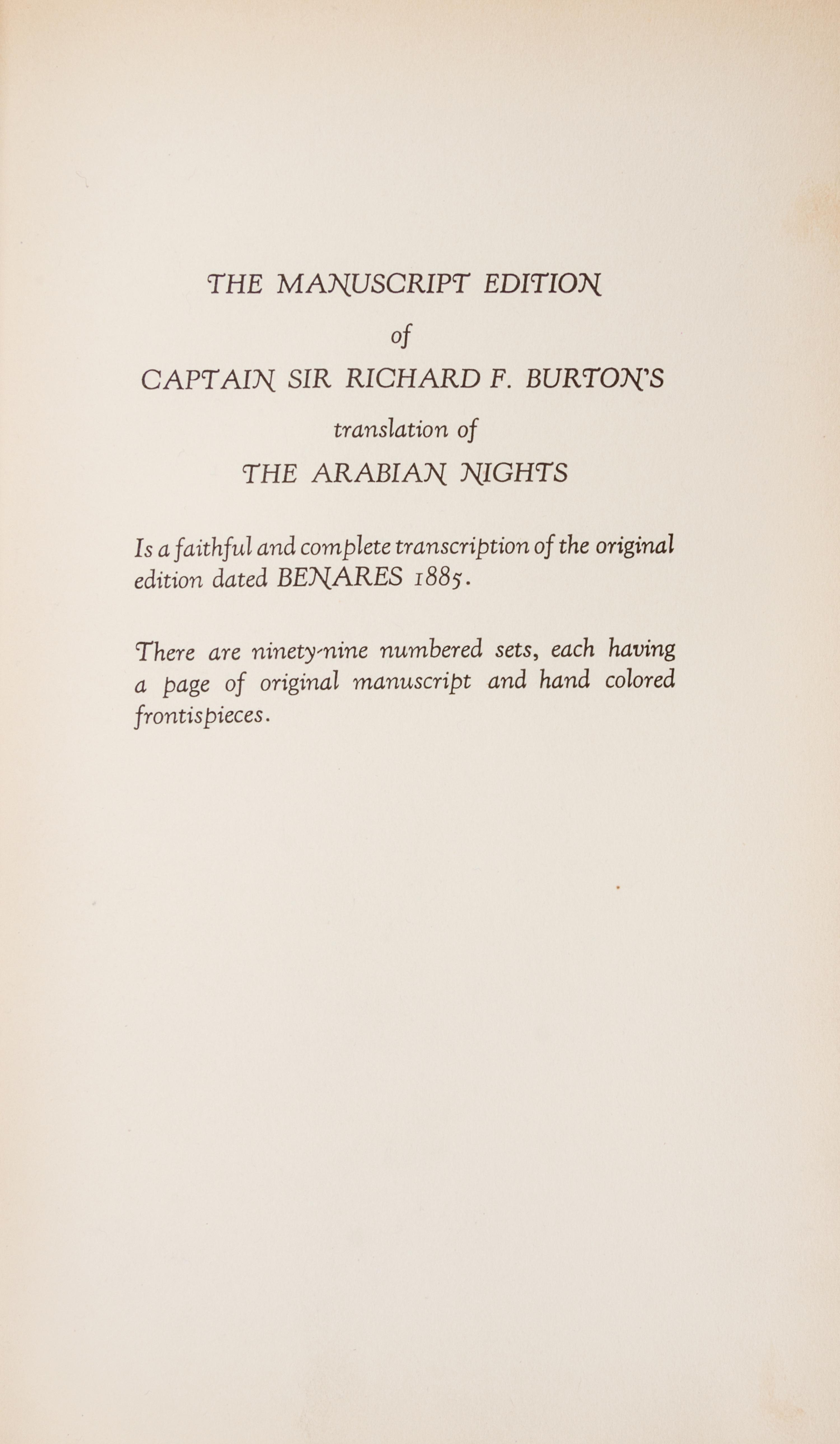 BURTON, RICHARD. The Book of the Thousand Nights and a Night. Burton Club, c. 1900. 16 vols. Manuscript edition.