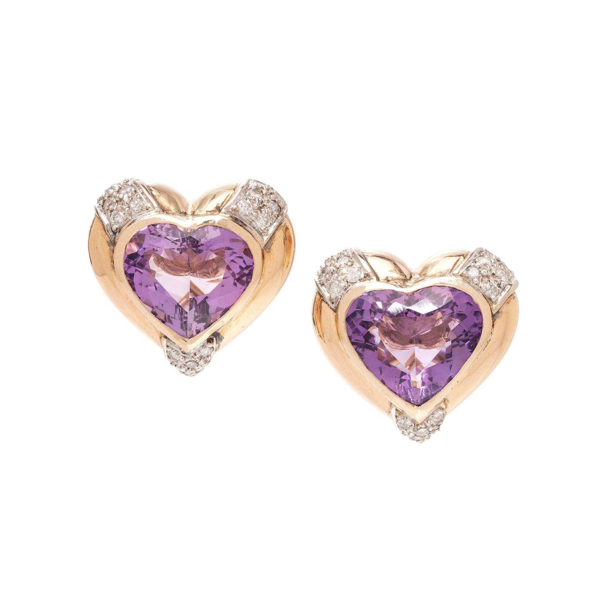 AMETHYST AND DIAMOND HEART EARCLIPS