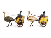 Two Lehmann 'Zulu' Tin Lithograph Ostrich Cart Windup Toys