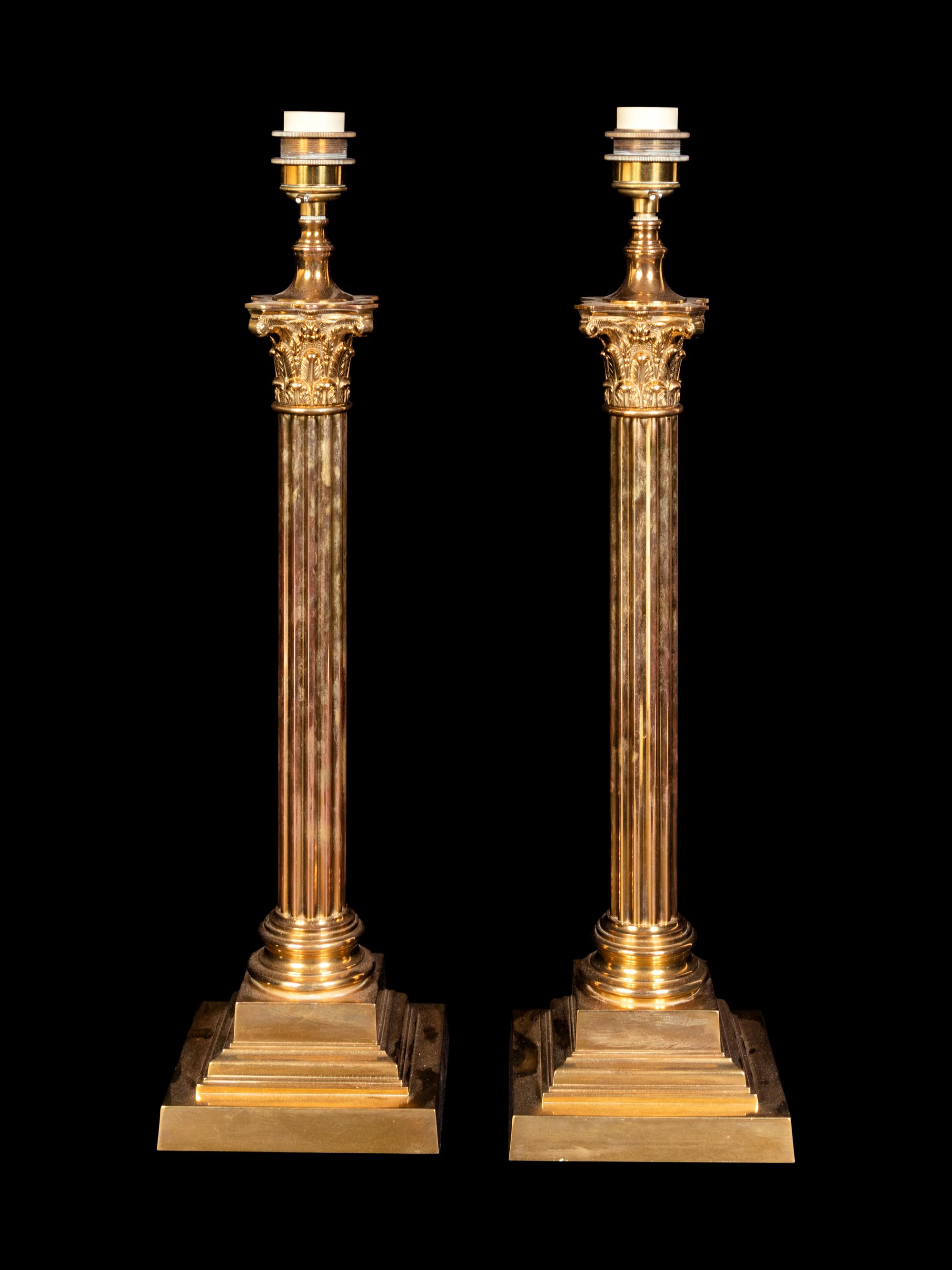 A Pair of Brass Corinthian Column Lamps
