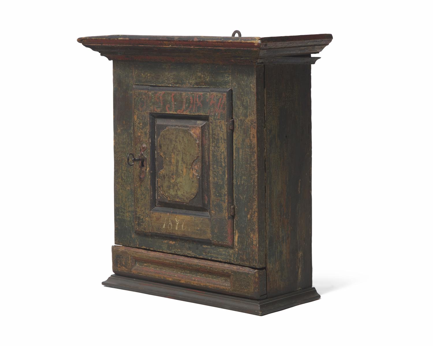 A Painted and Decorated Hanging Wall Cupboard, 19th Century