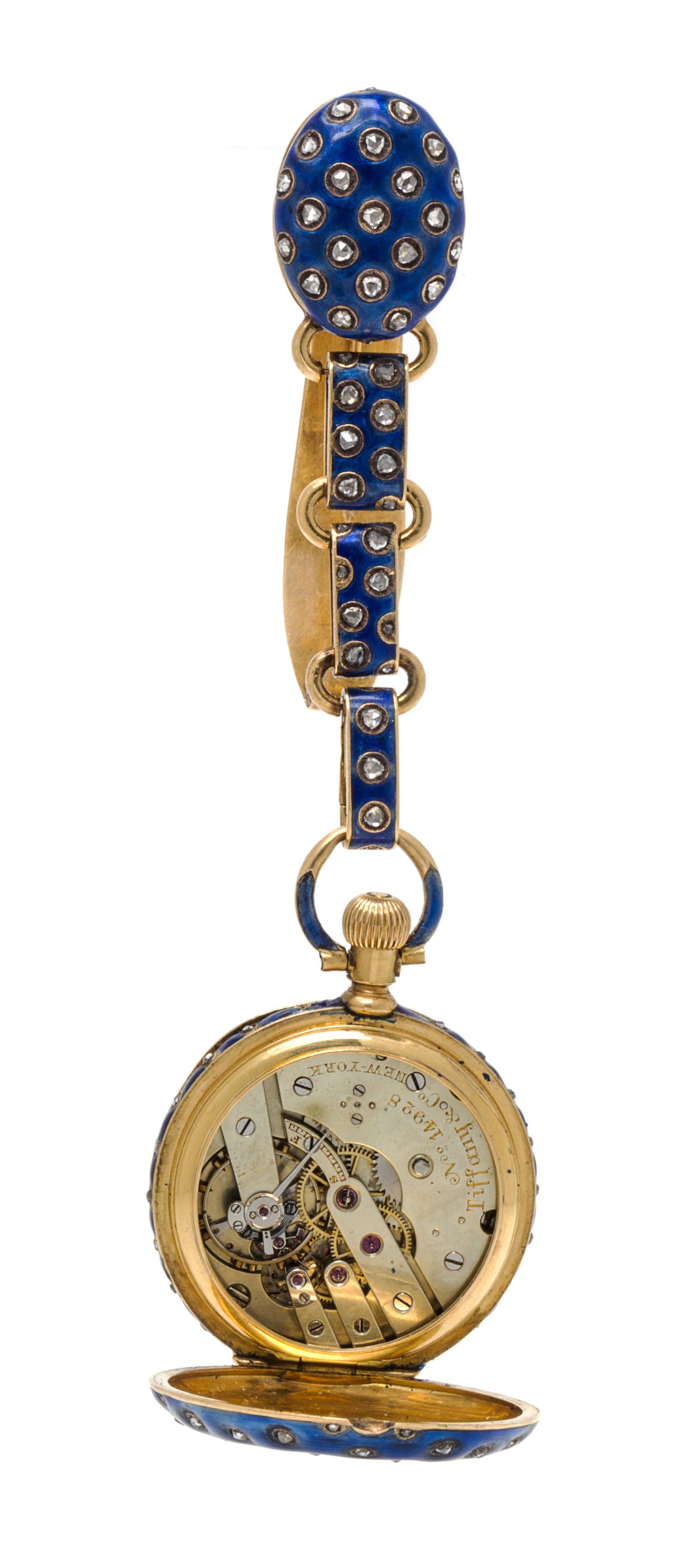 An 18 Karat Yellow Gold, Diamond and Enamel Chatelaine Watch, Tiffany & Co., 39.20 dwts.