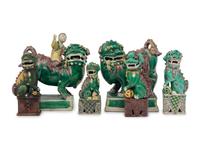 Six Chinese Famille Verte Porcelain Figures of Fu Lions