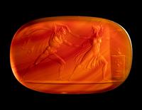 A Neoclassical Carnelian Intaglio with Cyanippus Dragged by his Daughter Cyane to the Alter