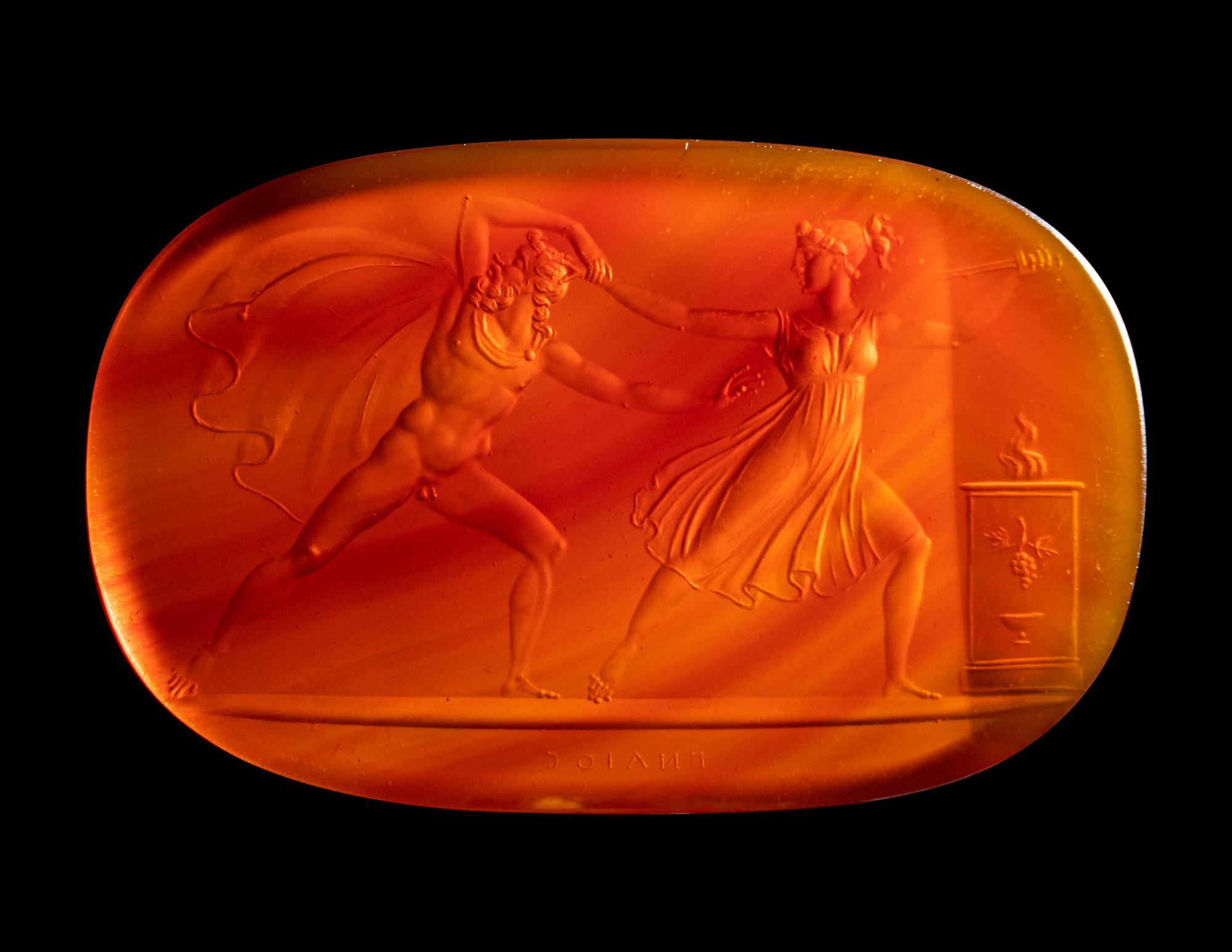 A Neoclassical Carnelian Intaglio with Cyanippus Dragged by his Daughter Cyane to the Alter