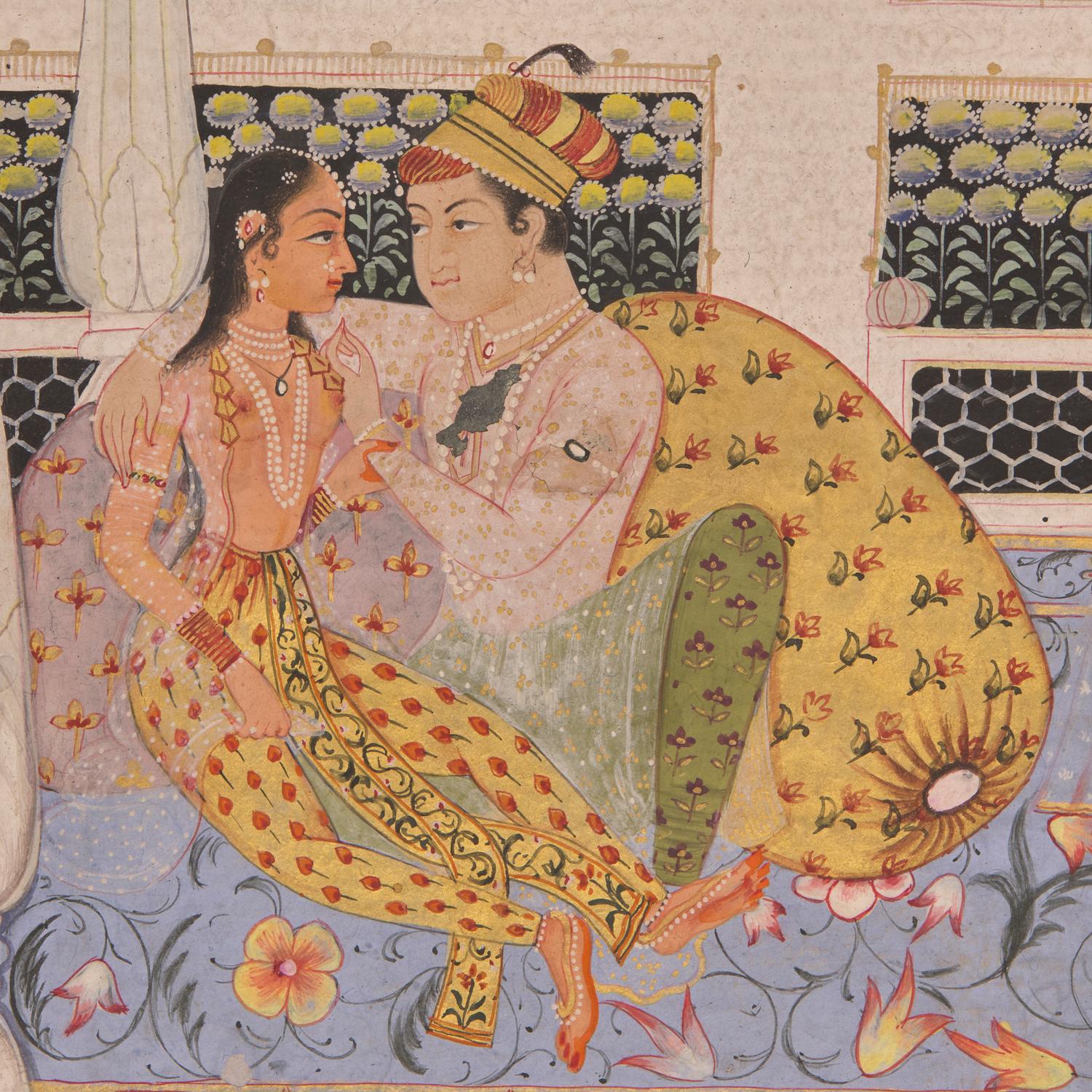 A Painting of an Amorous Scene Within the Harem of the Mughal Court, India, In the Manner of Jaipur, Rajasthan, 20th Century