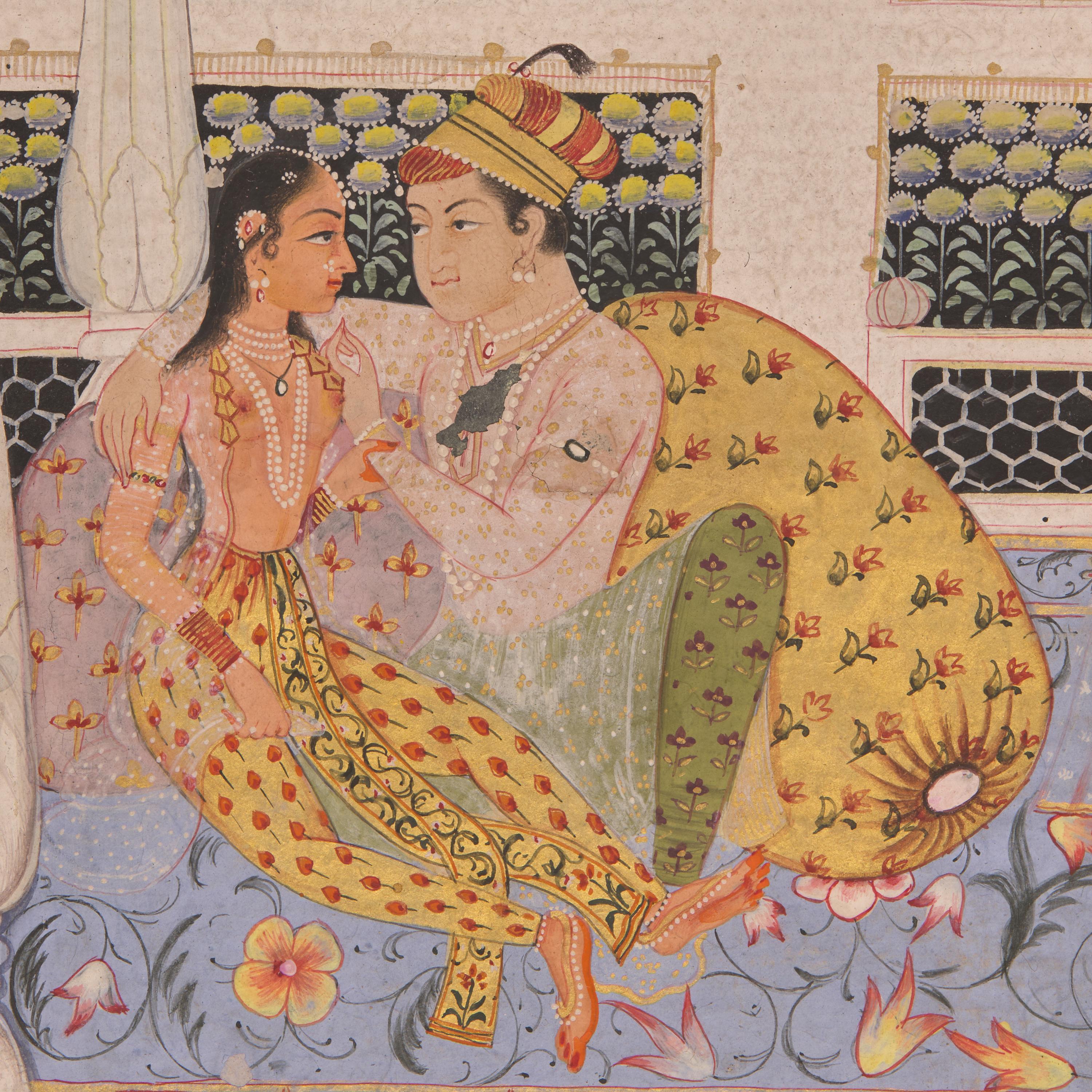 A Painting of an Amorous Scene Within the Harem of the Mughal Court, India, In the Manner of Jaipur, Rajasthan, 20th Century
