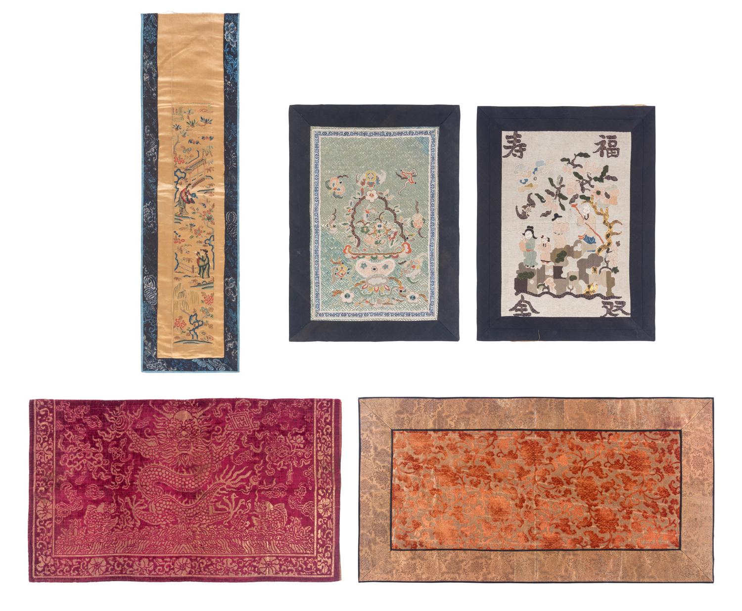 Five Chinese Embroidered Silk Panels