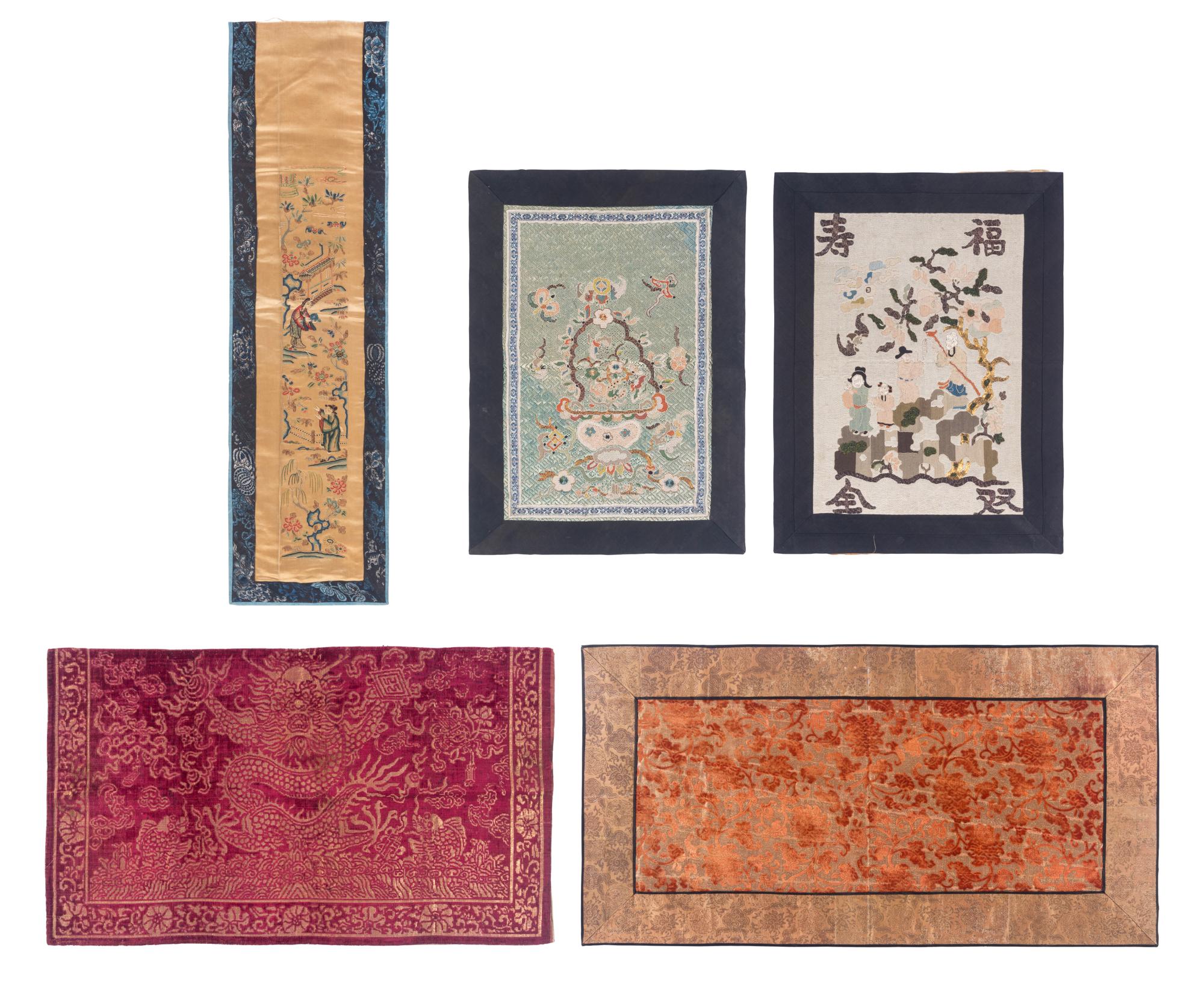 Five Chinese Embroidered Silk Panels