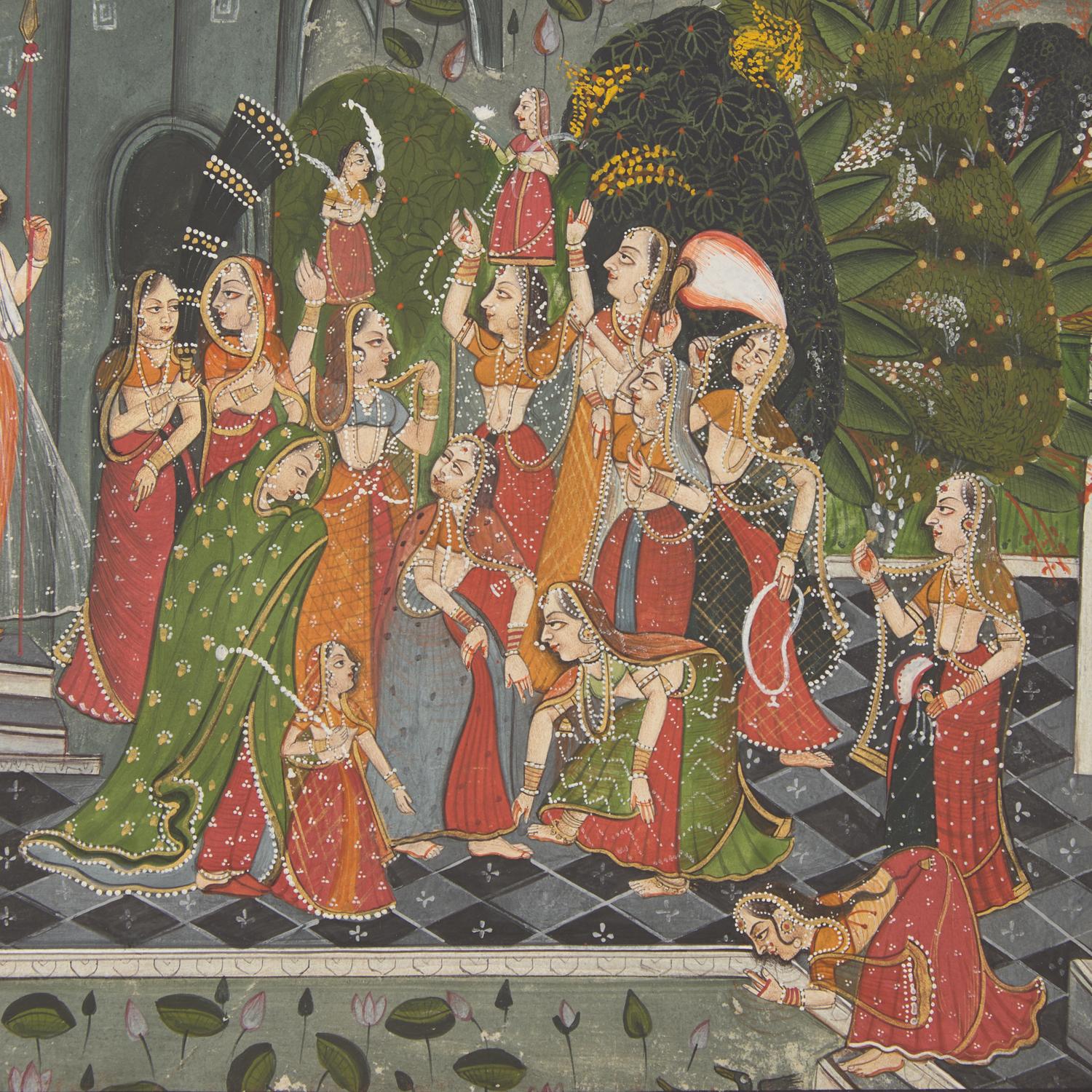 A Painting of Radha and Krishna Celebrating the Tej Festival and A Painting of Radha and Krishna Indoors Facing One Another, Probably Udaipur or Jaipur, India, 20th Century