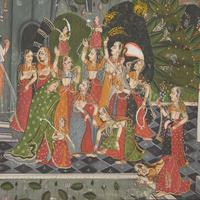 A Painting of Radha and Krishna Celebrating the Tej Festival and A Painting of Radha and Krishna Indoors Facing One Another, Probably Udaipur or Jaipur, India, 20th Century