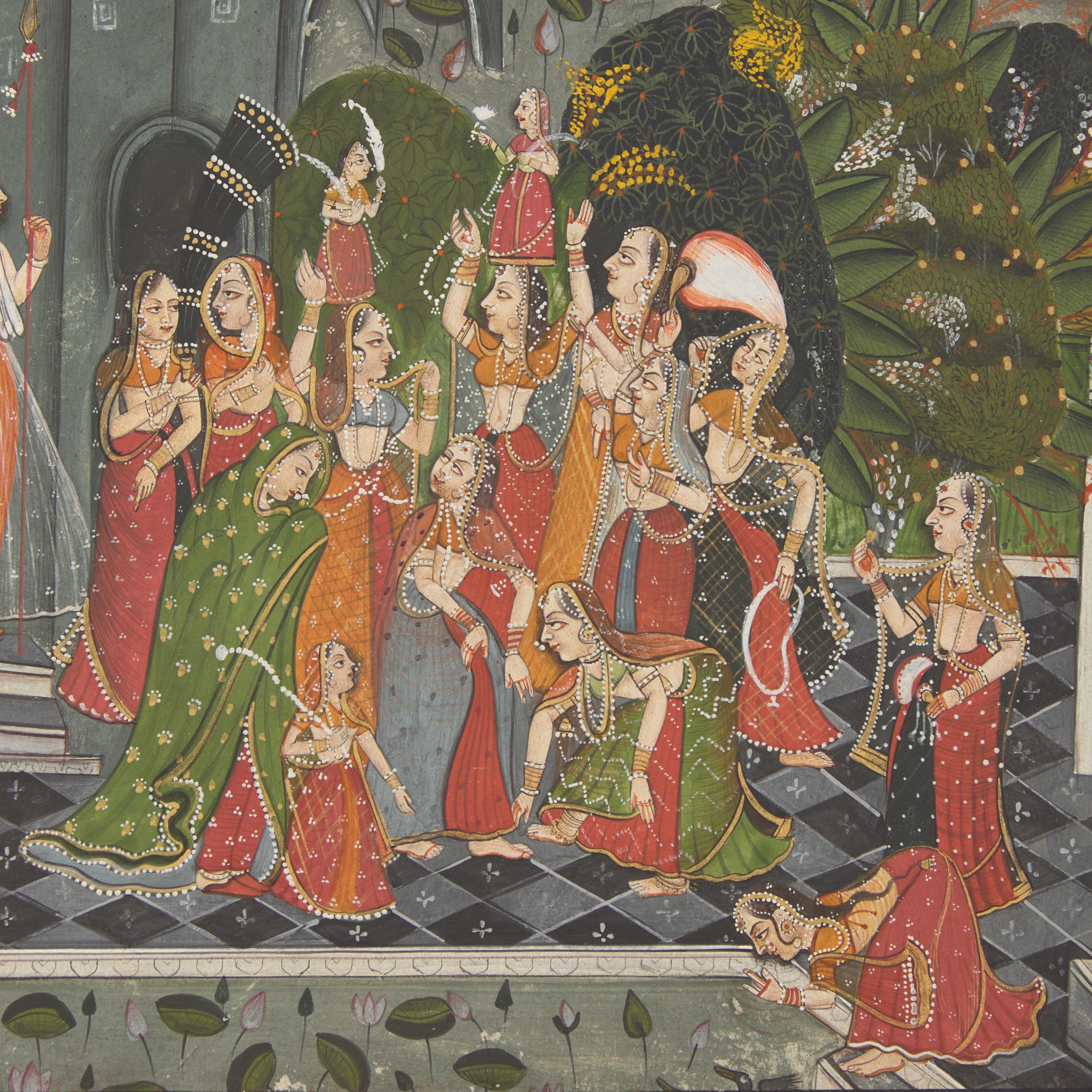 A Painting of Radha and Krishna Celebrating the Tej Festival and A Painting of Radha and Krishna Indoors Facing One Another, Probably Udaipur or Jaipur, India, 20th Century
