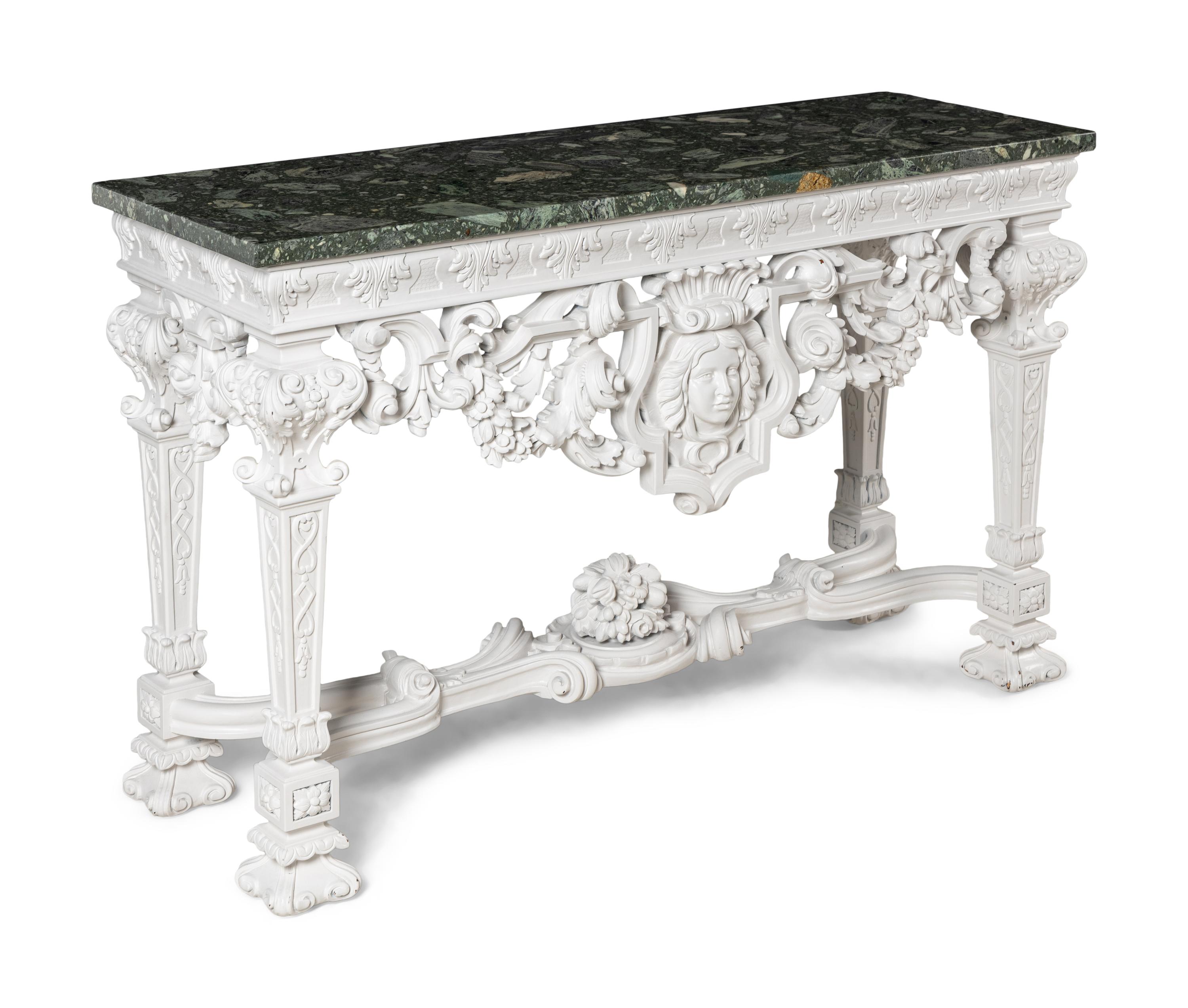 A Louis XIV Style White-Painted Marble-Top Console Table