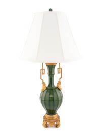 A French Green Glass and Gilt Metal Table Lamp