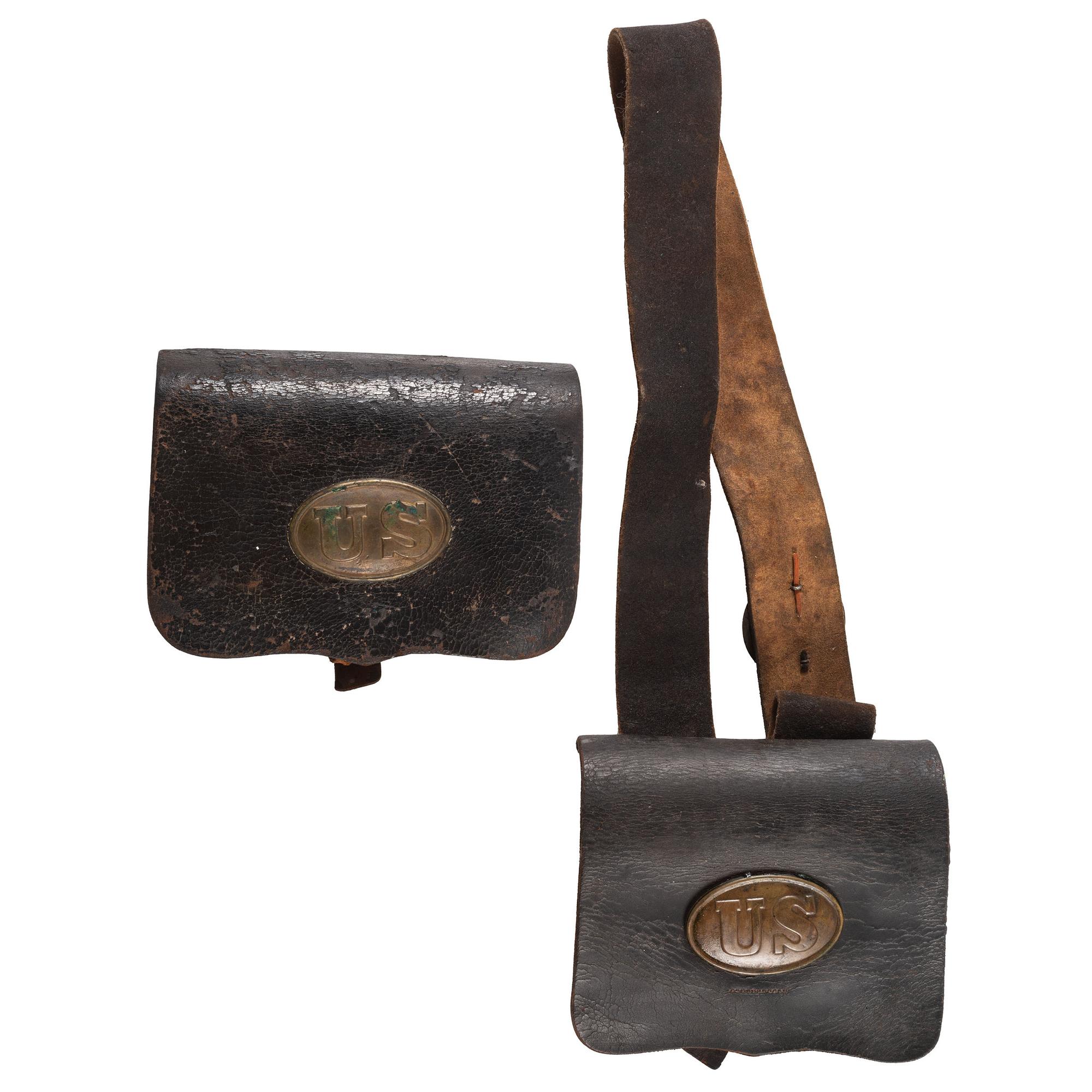 Lot of Two U.S. Pattern 1861 Cartridge Boxes with Plates (One Broken Sling & Breast Plate)