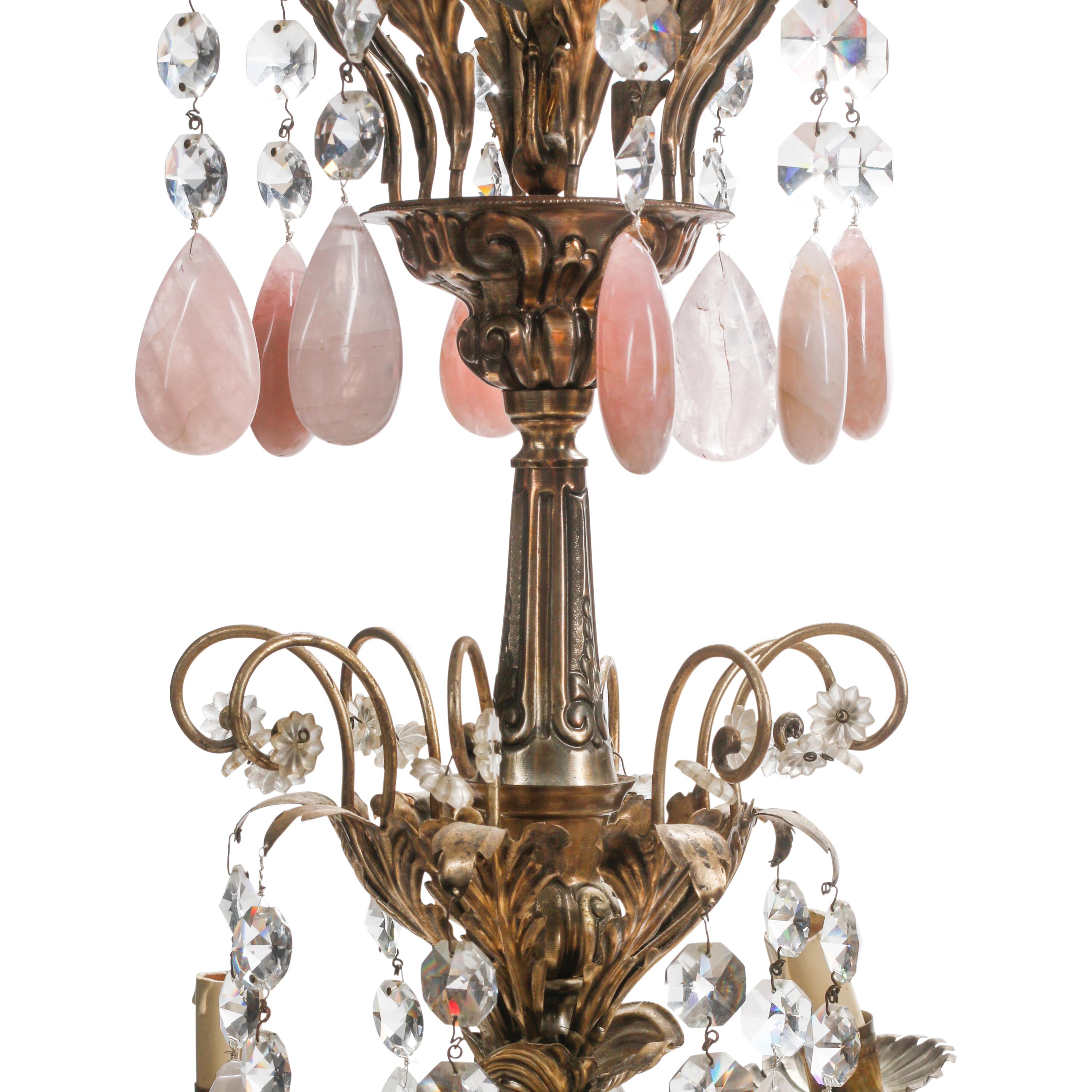 An Italian Silvered Metal, Rock Crystal and Rose Quartz Eight-Light Chandelier