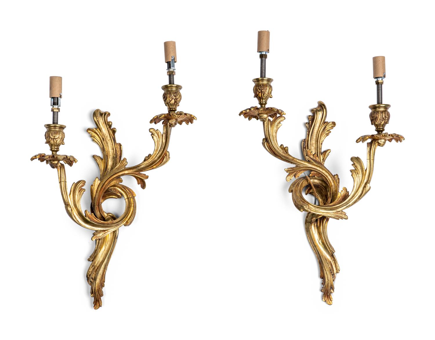 A Pair of Louis XV Style Gilt Bronze Two-Light Sconces