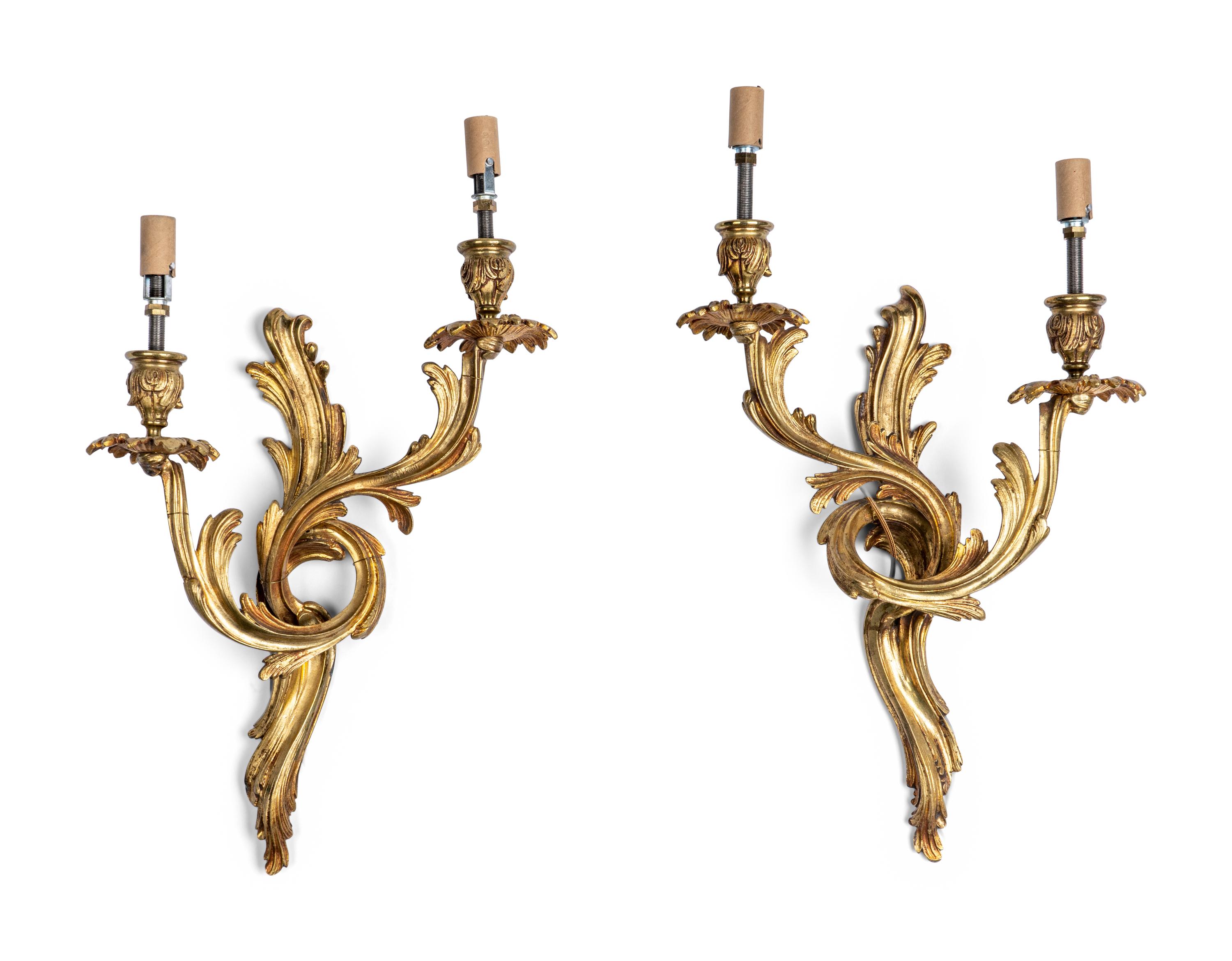 A Pair of Louis XV Style Gilt Bronze Two-Light Sconces