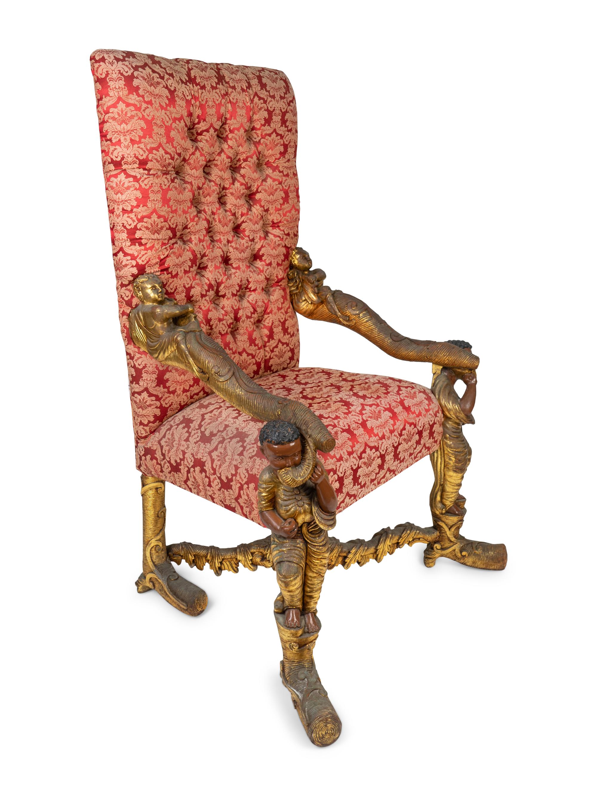 An Italian Baroque Style Carved Walnut Figural Armchair — IN THE MANNER OF ANDREA BROSTOLON, 19TH CENTURY