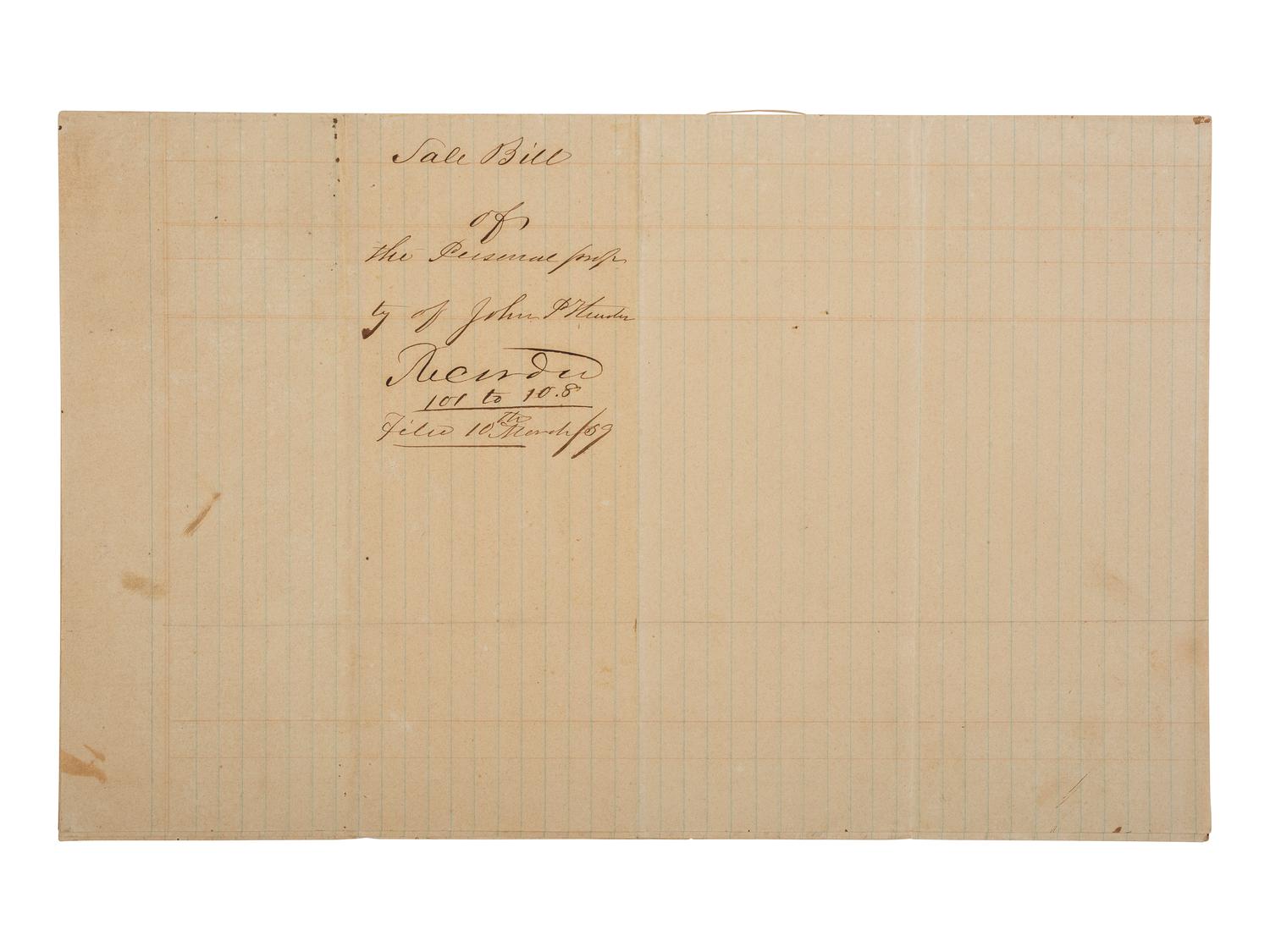 [ENSLAVEMENT & ABOLITION]. Manuscript inventory of personal property and enslaved individuals from the Estate of J.P. Hunter. N.p., possibly Alabama, 1859.