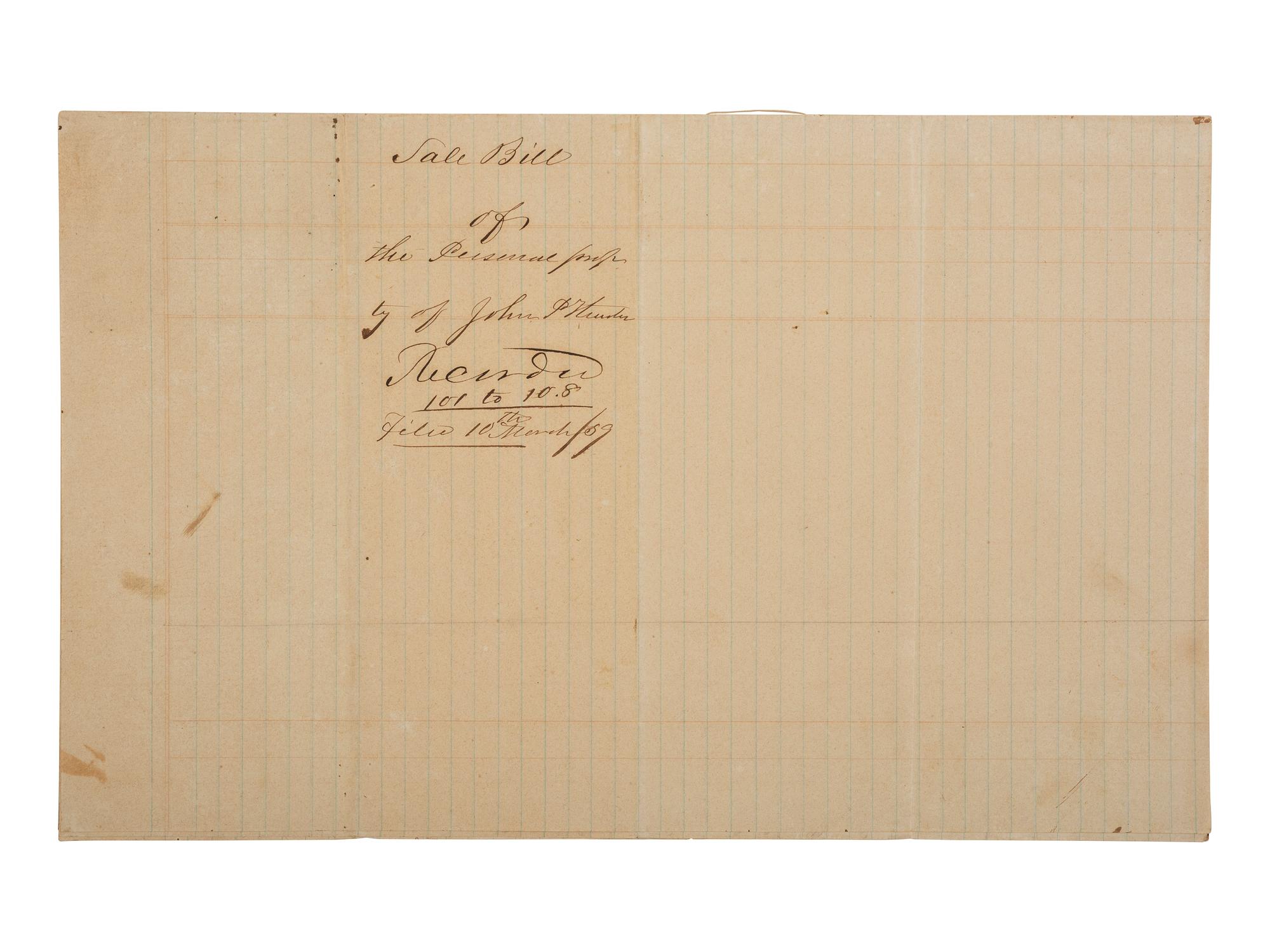[ENSLAVEMENT & ABOLITION]. Manuscript inventory of personal property and enslaved individuals from the Estate of J.P. Hunter. N.p., possibly Alabama, 1859.