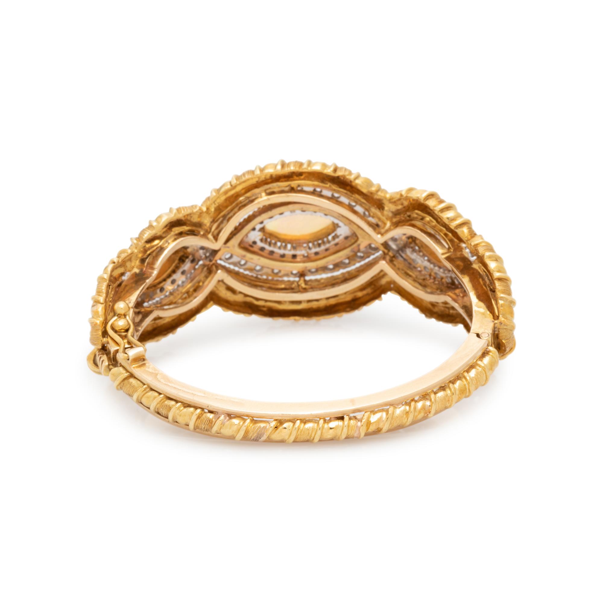 YELLOW GOLD, OPAL AND DIAMOND BANGLE BRACELET