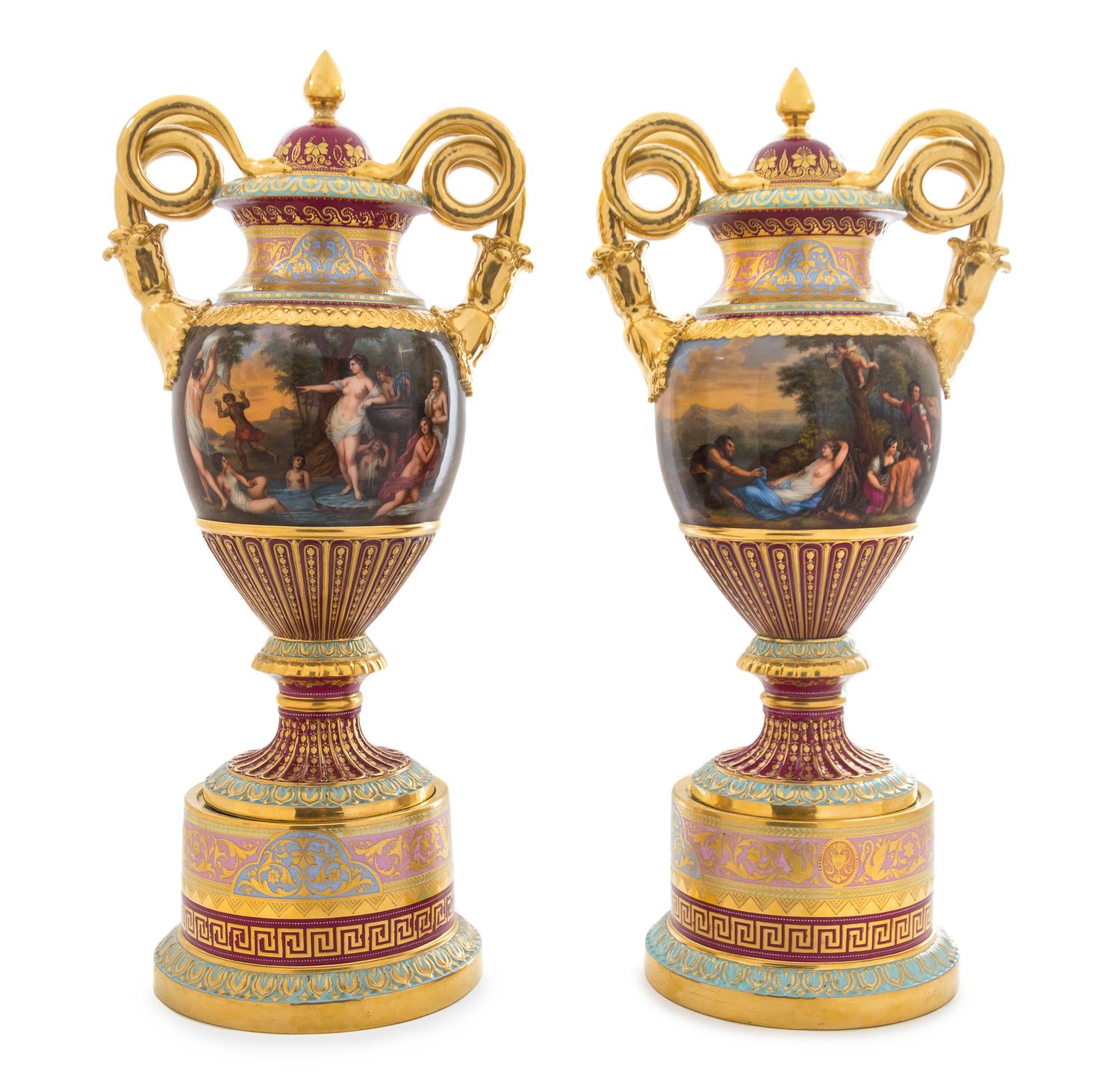 A Pair of Vienna Porcelain Urns on Stands Height 21 3/4 inches. — 19TH CENTURY