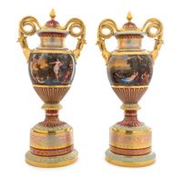 A Pair of Vienna Porcelain Urns on Stands Height 21 3/4 inches. — 19TH CENTURY