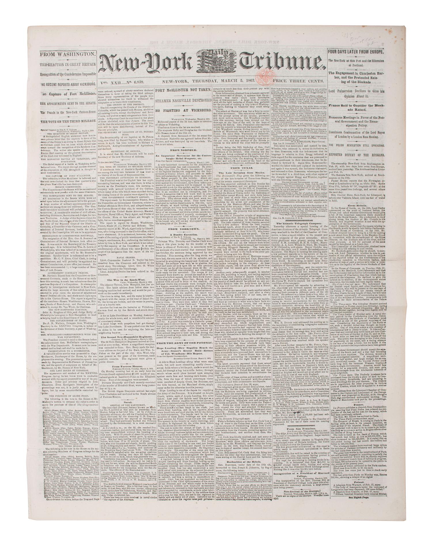 [CIVIL WAR]. New York Daily Tribune . Vol. XXII, No. 6838. New York, 5 March 1862. Featuring Frederick Douglass's call to arms to African Americans to join the military and fight for the Union cause.