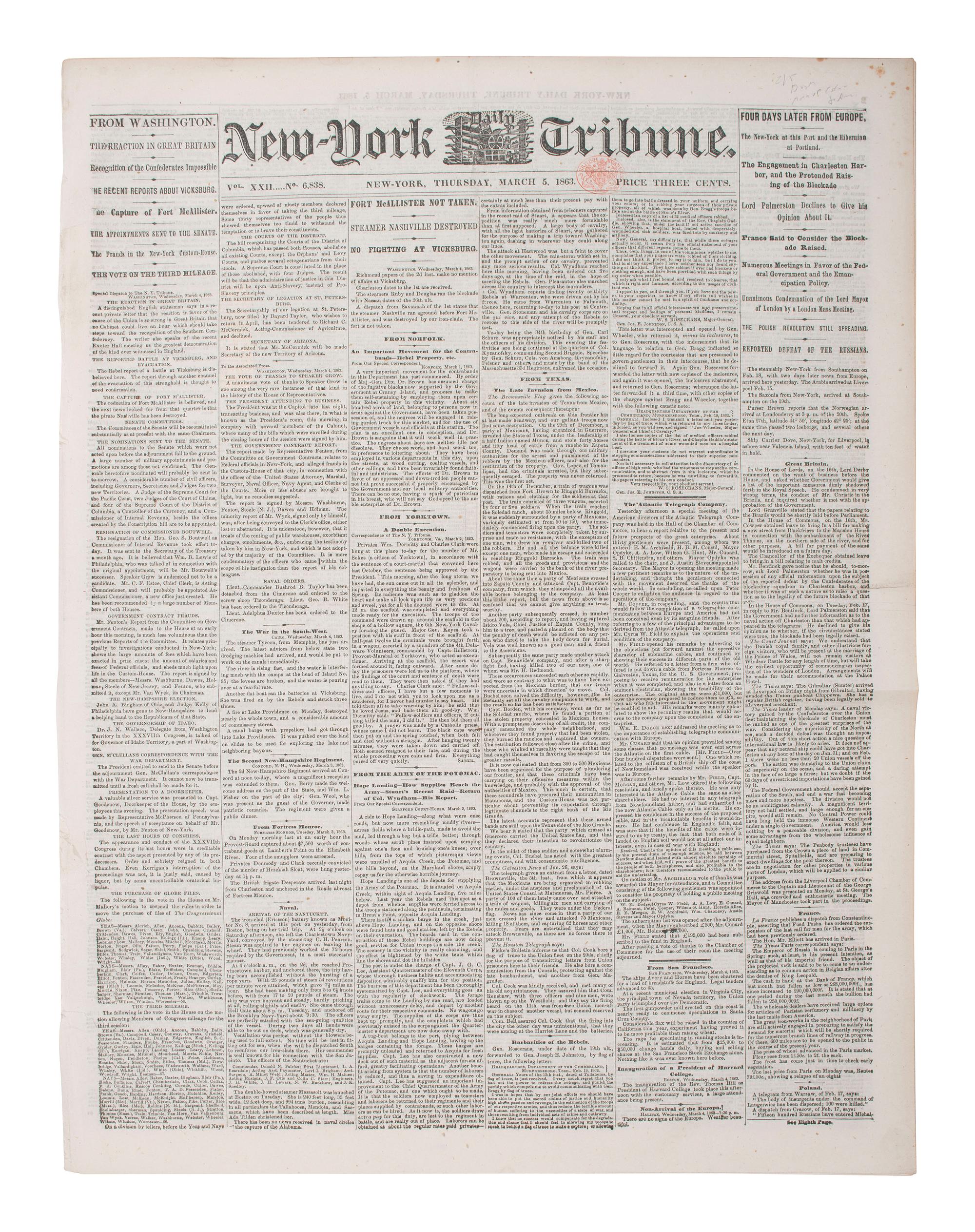 [CIVIL WAR]. New York Daily Tribune . Vol. XXII, No. 6838. New York, 5 March 1862. Featuring Frederick Douglass's call to arms to African Americans to join the military and fight for the Union cause.
