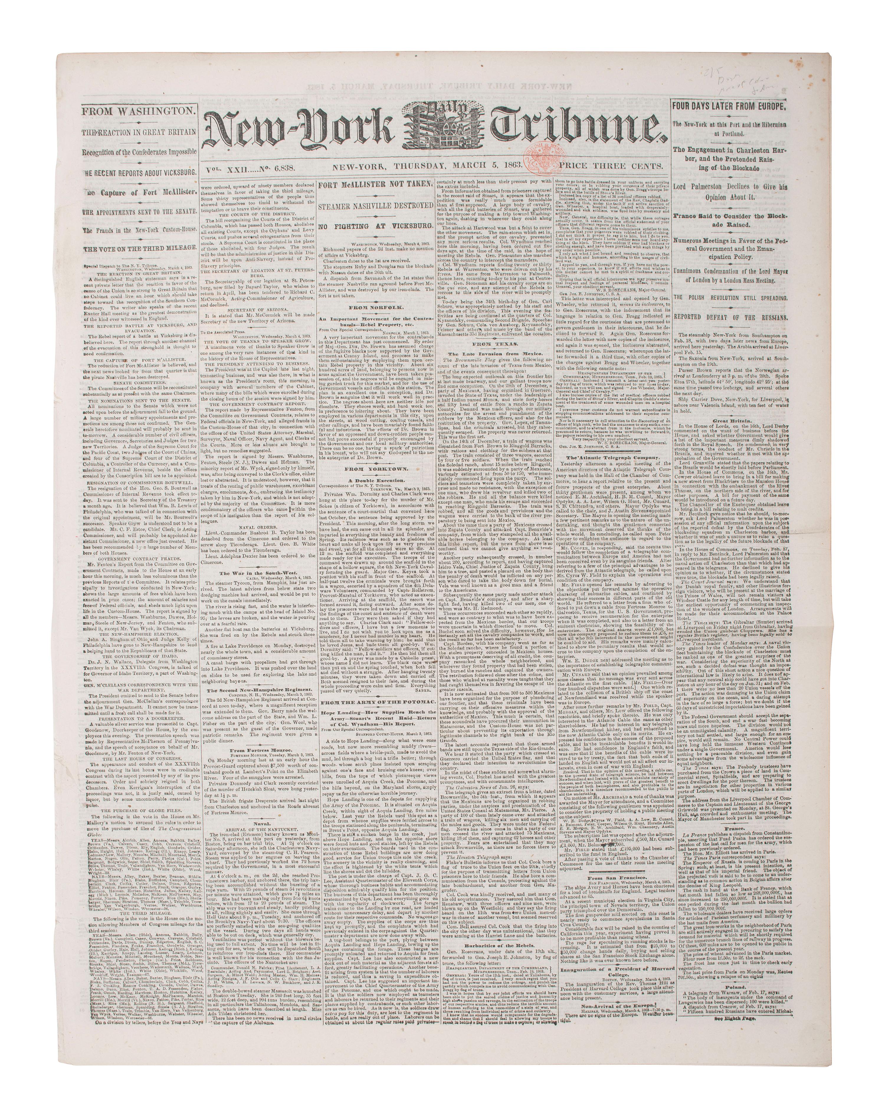 [CIVIL WAR]. New York Daily Tribune . Vol. XXII, No. 6838. New York, 5 March 1862. Featuring Frederick Douglass's call to arms to African Americans to join the military and fight for the Union cause.