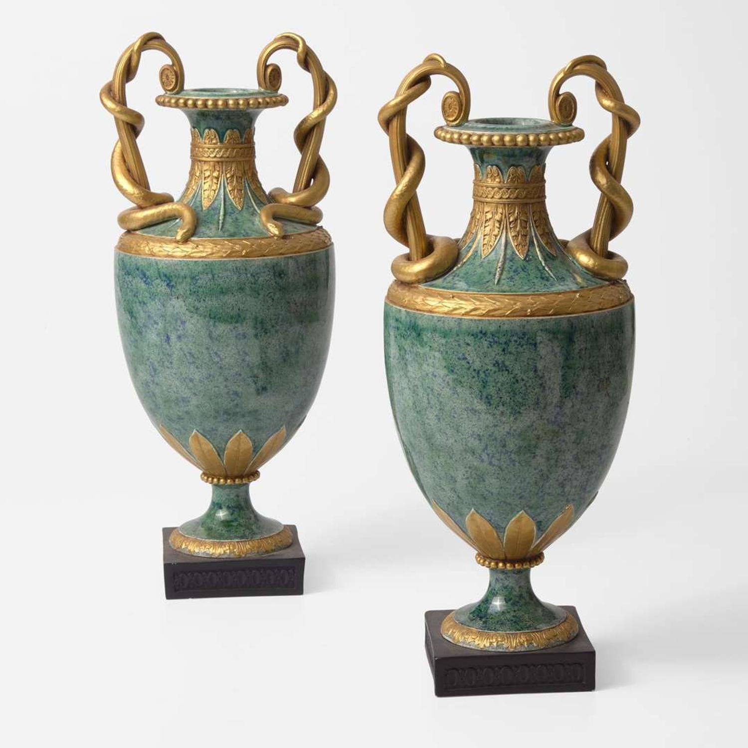 A Pair of Wedgwood Simulated Porphyry Snake-Handled Vases UK, circa 1790 and later