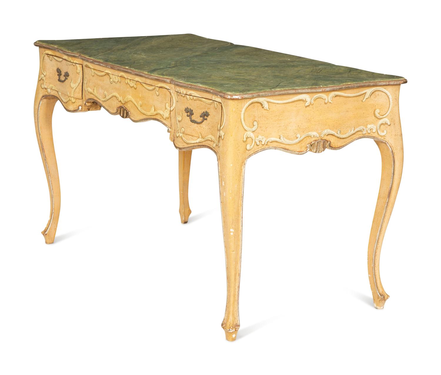 An Italian Painted and Parcel Gilt Writing Table with Faux Marble Top