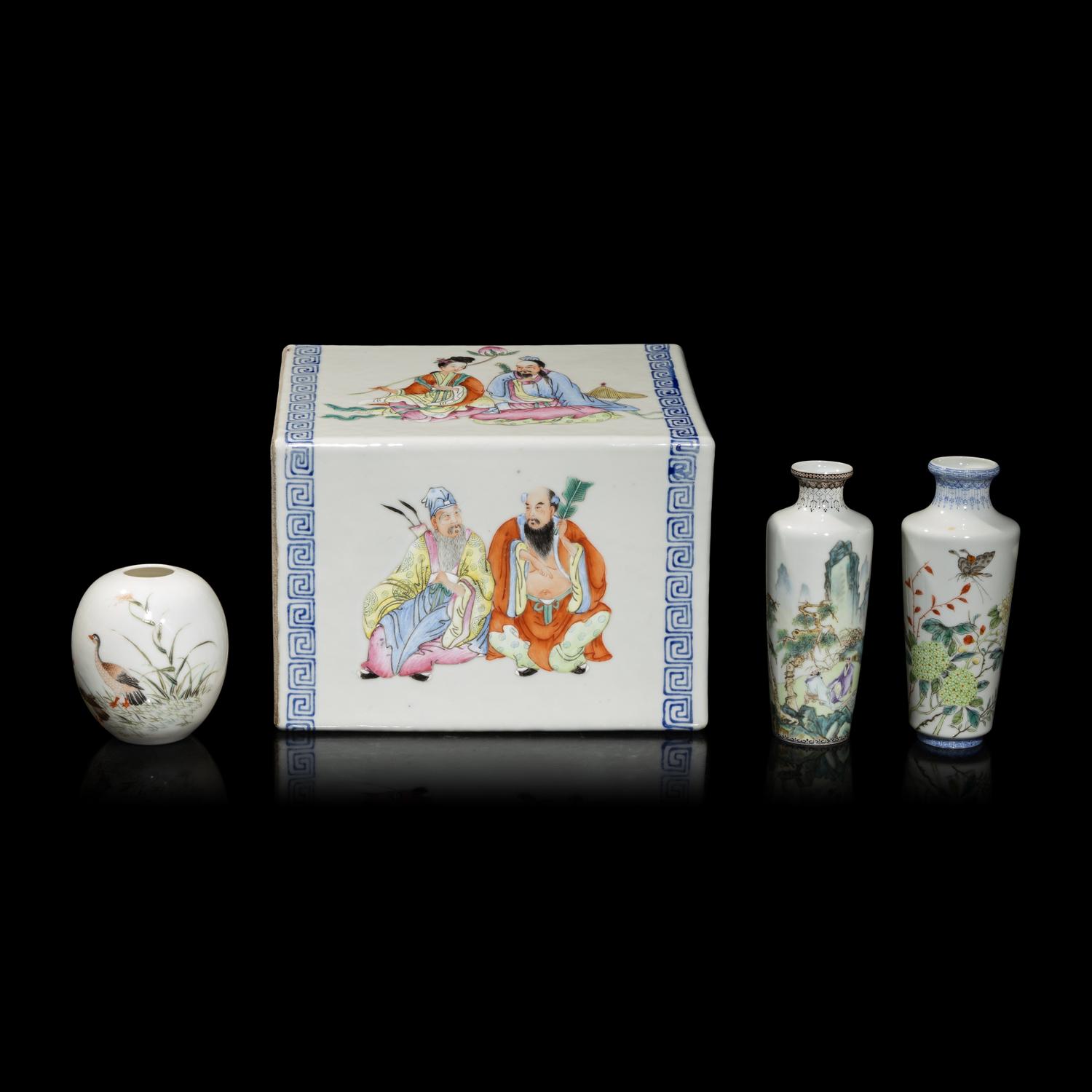 Three Chinese Eggshell Porcelain Vases and a Famille Rose Pillow, 20th Century 民國-近代 粉彩瓷三件