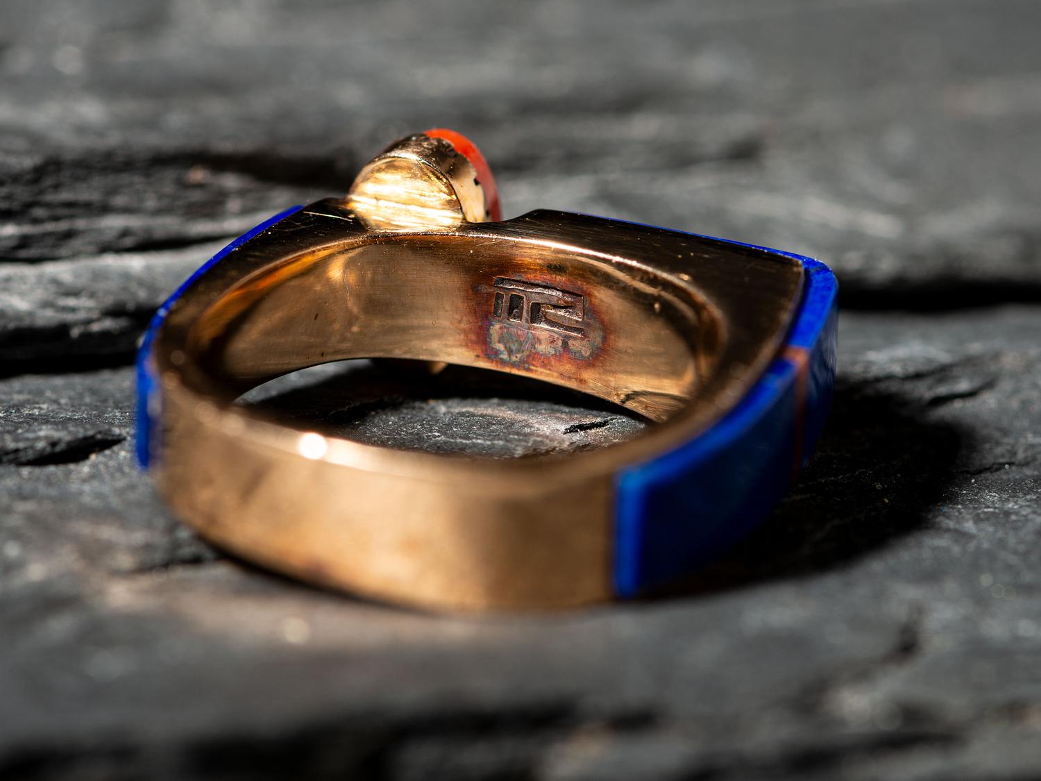 18K Gold, Lapis, and Coral Ring