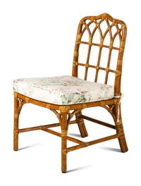 A Pair of Bamboo and Rattan Side Chairs with Associated Footstools