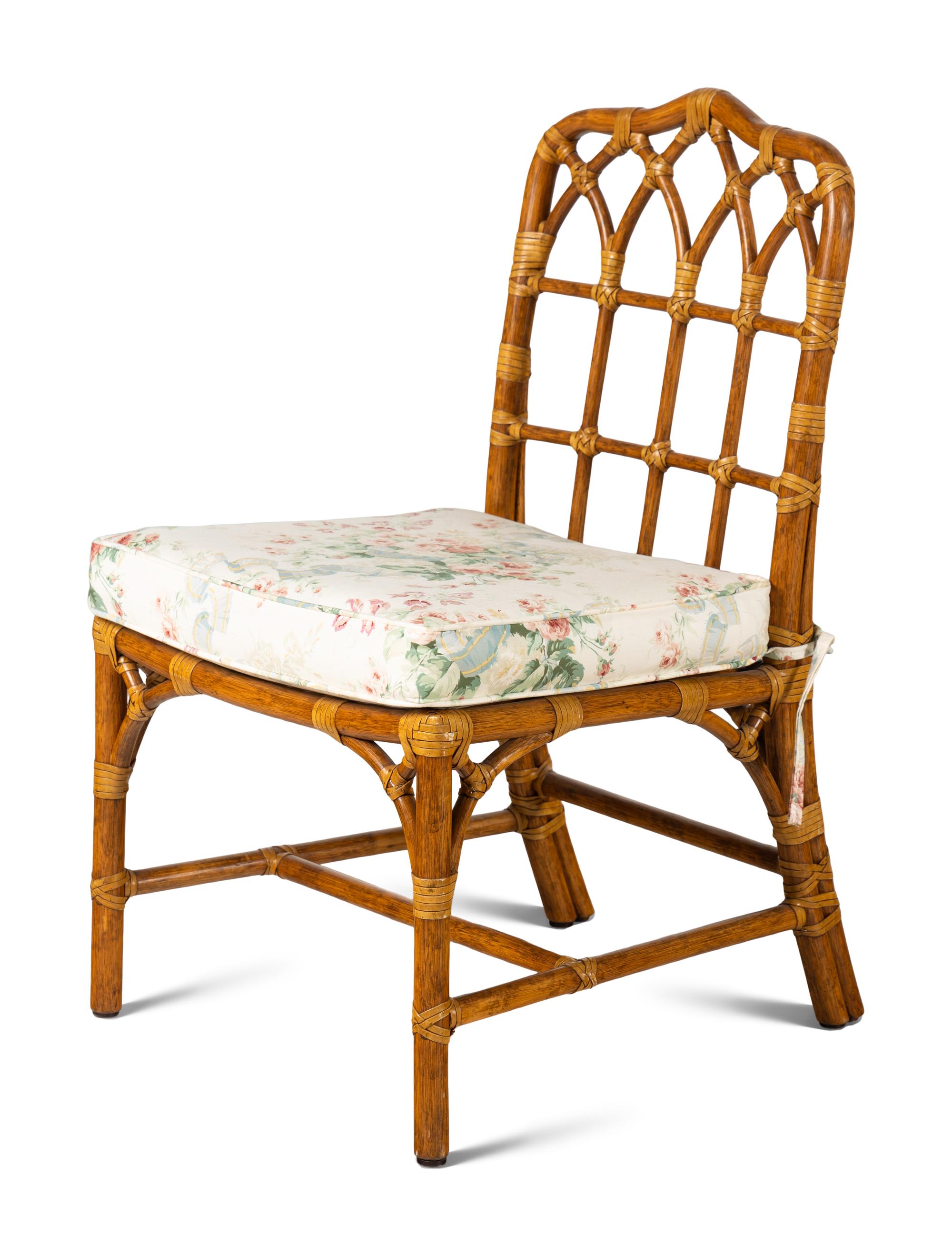 A Pair of Bamboo and Rattan Side Chairs with Associated Footstools