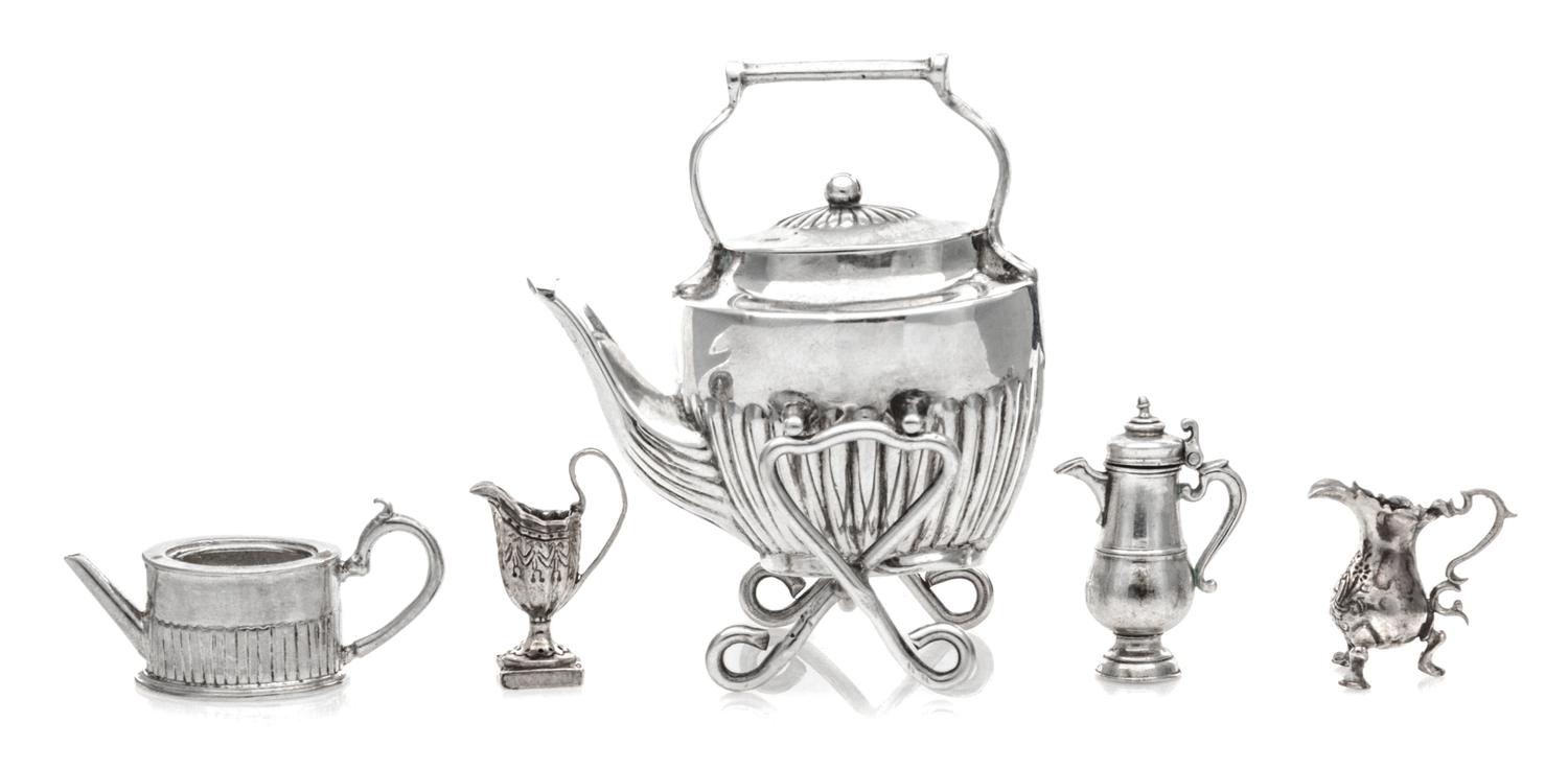 A Collection of Silver Tea and Coffee Articles, Various Makers, comprising a water kettle on stand, a coffee pot, a pitcher and two cre