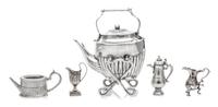 A Collection of Silver Tea and Coffee Articles, Various Makers, comprising a water kettle on stand, a coffee pot, a pitcher and two cre