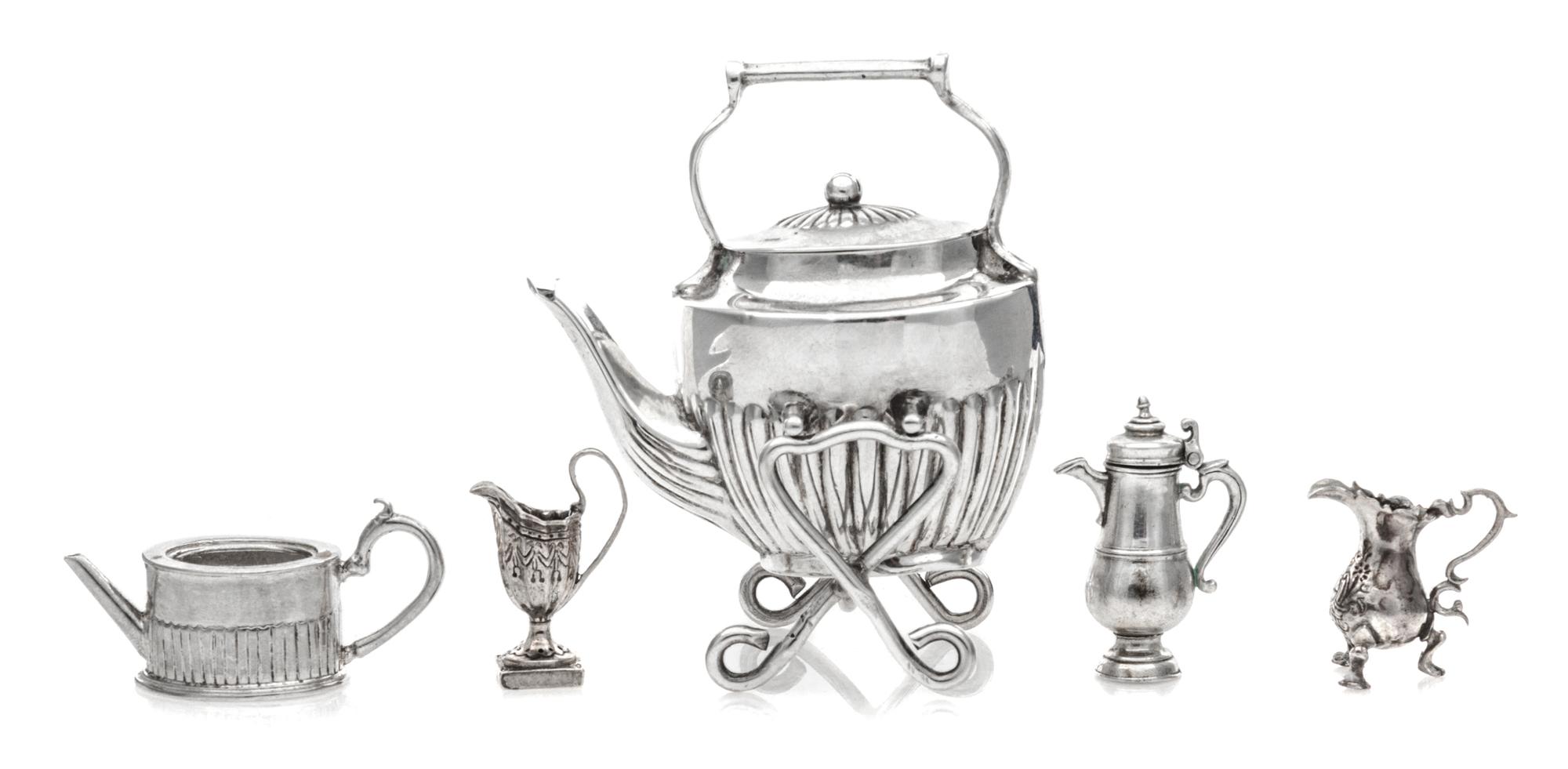A Collection of Silver Tea and Coffee Articles, Various Makers, comprising a water kettle on stand, a coffee pot, a pitcher and two cre