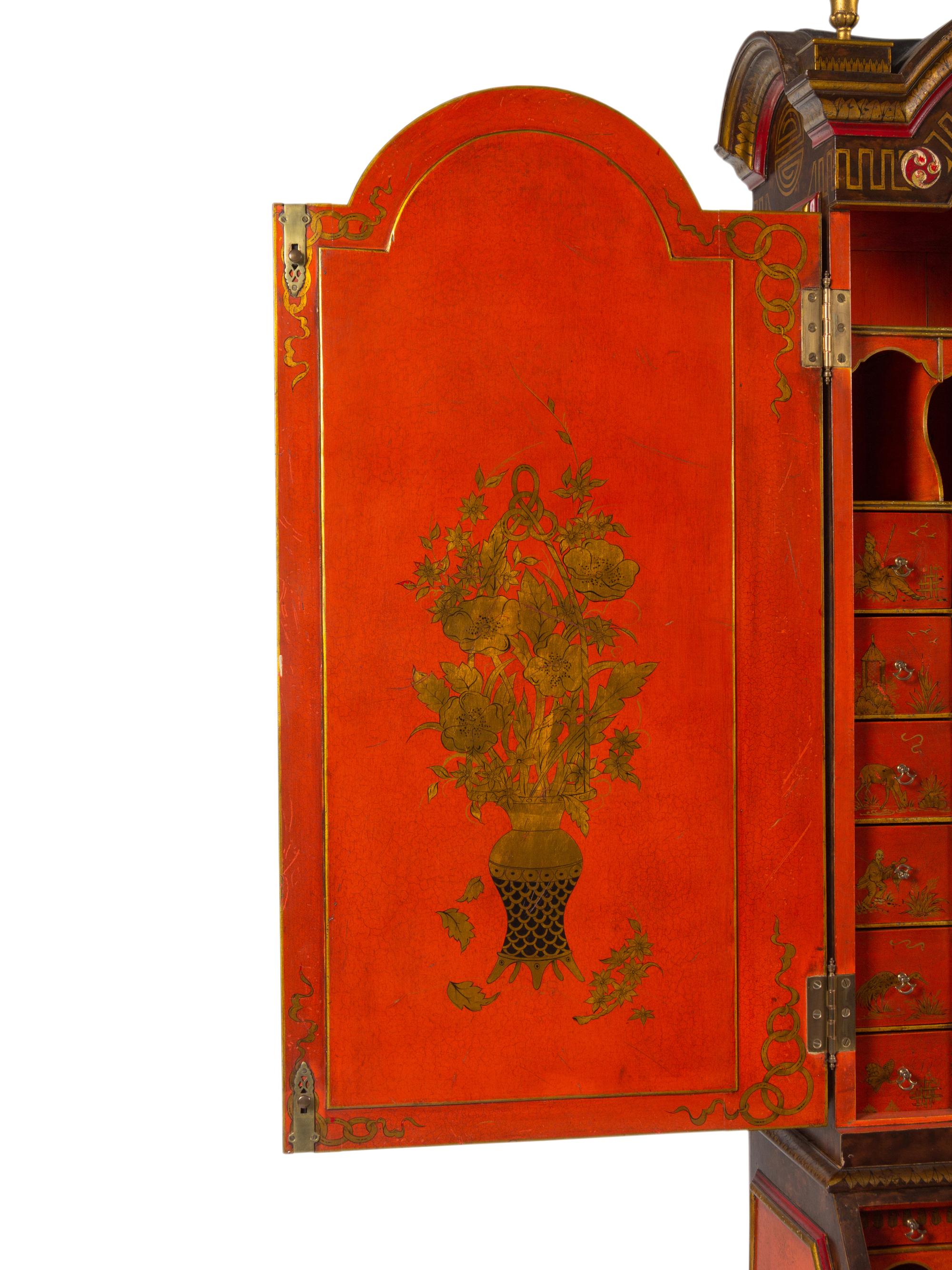 A George I Style Red, Gilt and Polychrome Japanned Bureau Cabinet